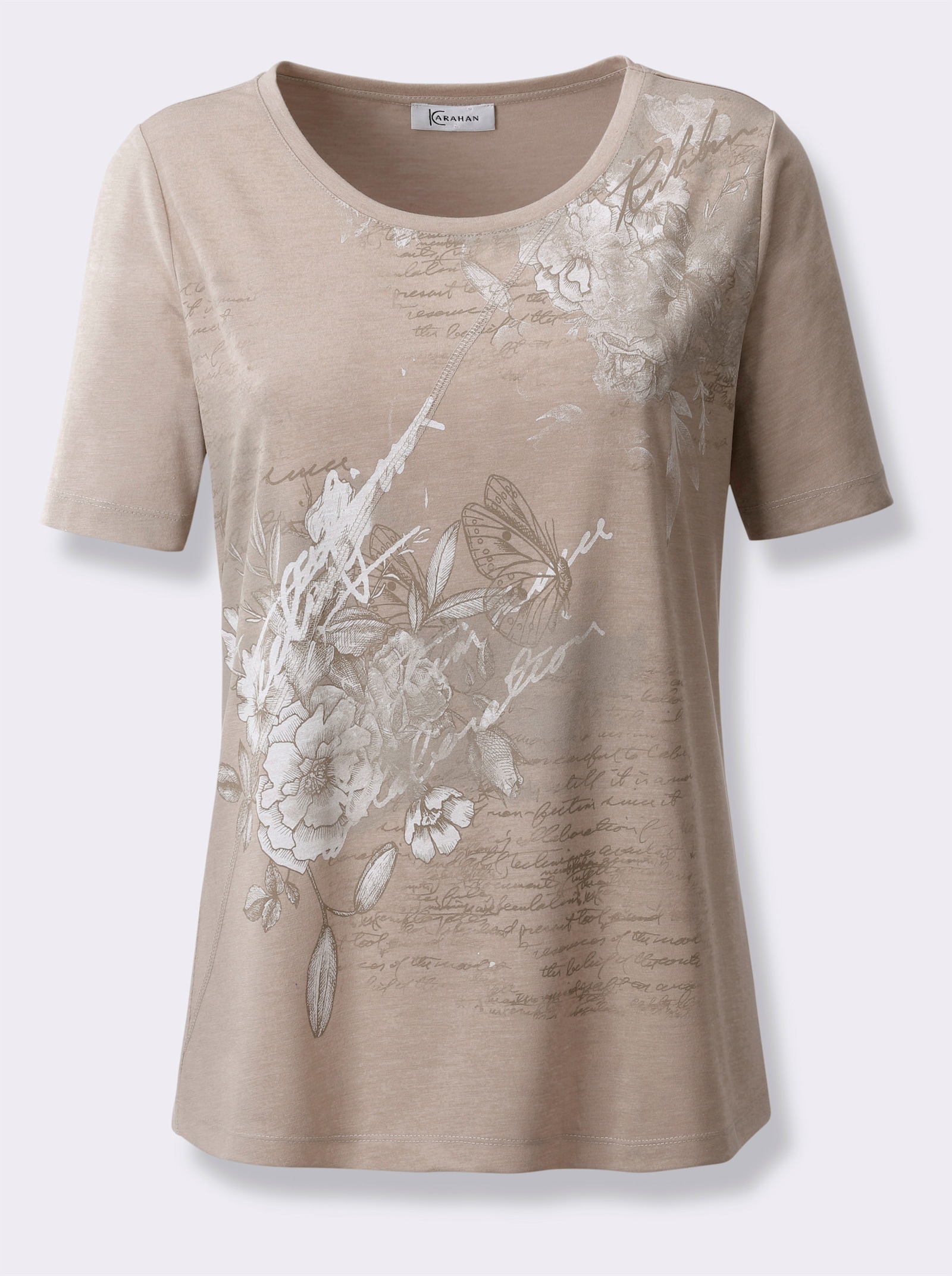 Kurzarmshirt in Melange-Optik - beige-sesam-bedruckt
