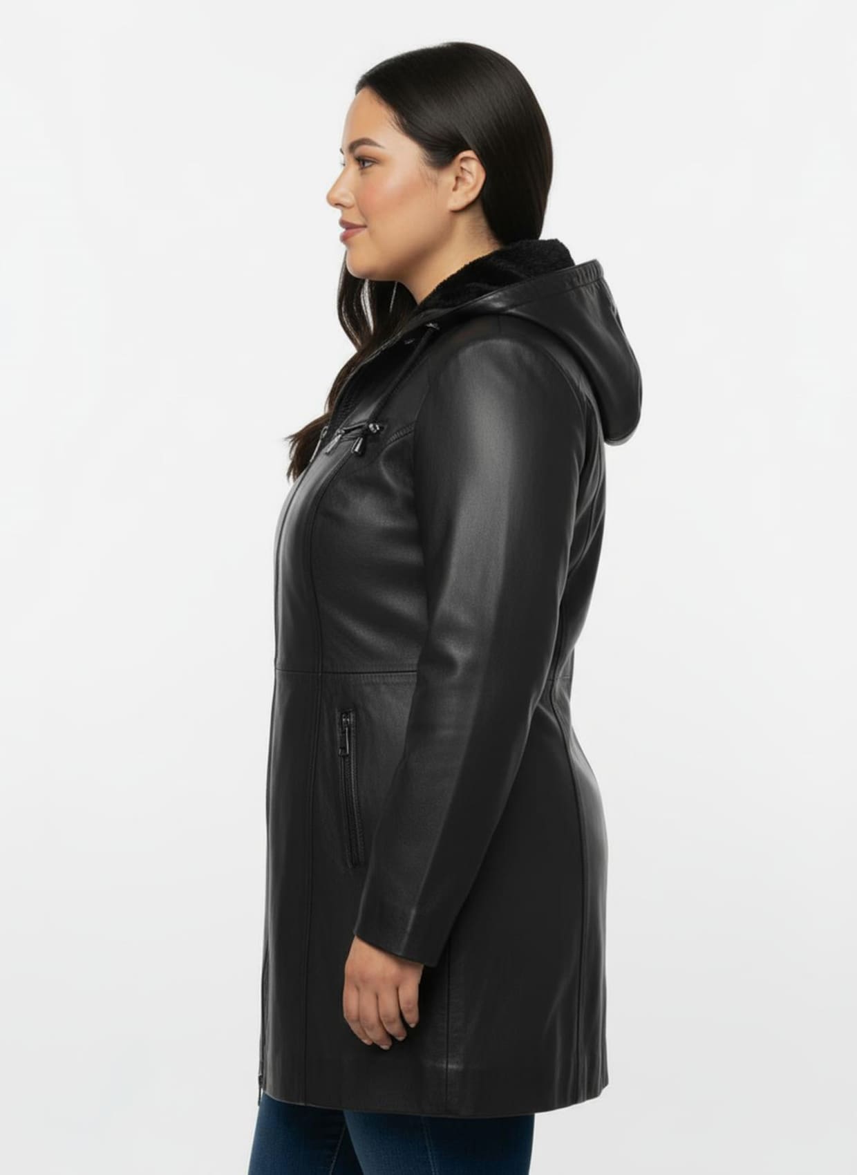 Lederjacke mit abnehmbarer Kapuze - schwarz