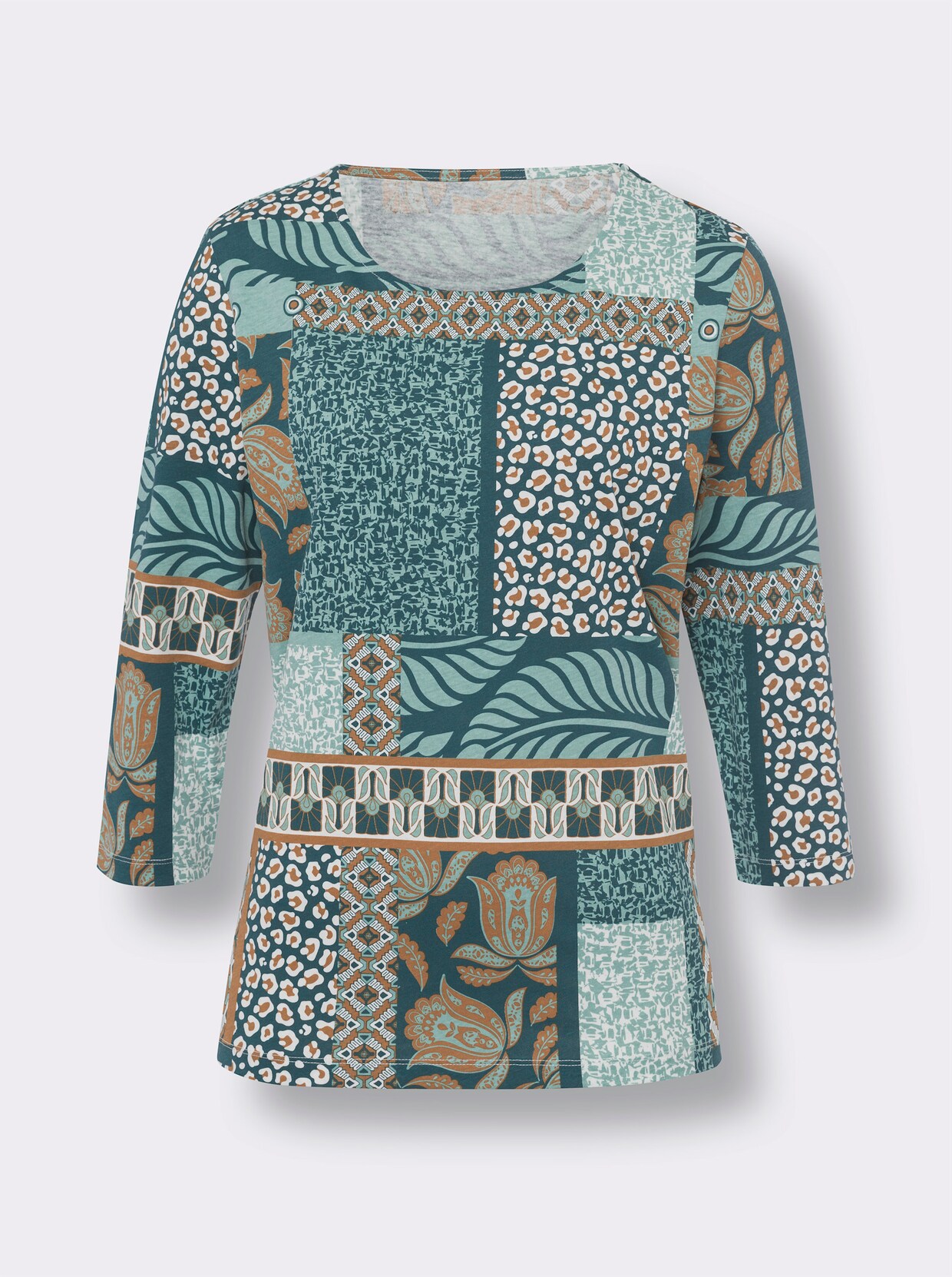 Shirt met 3/4-mouw - salie/ecru bedrukt