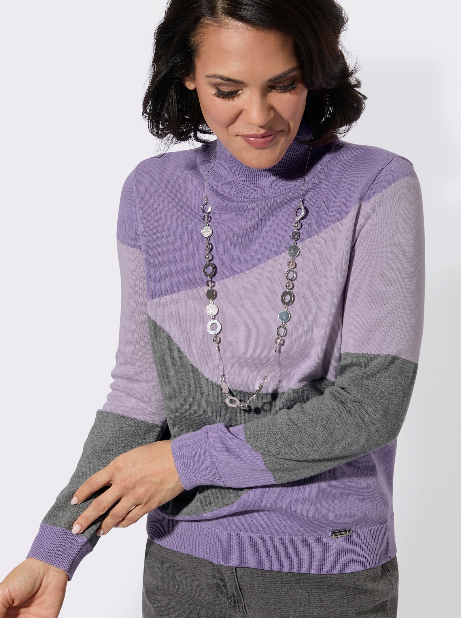 Stehkragenpullover mit Intarsien-Muster - lavendel-grau-gemustert