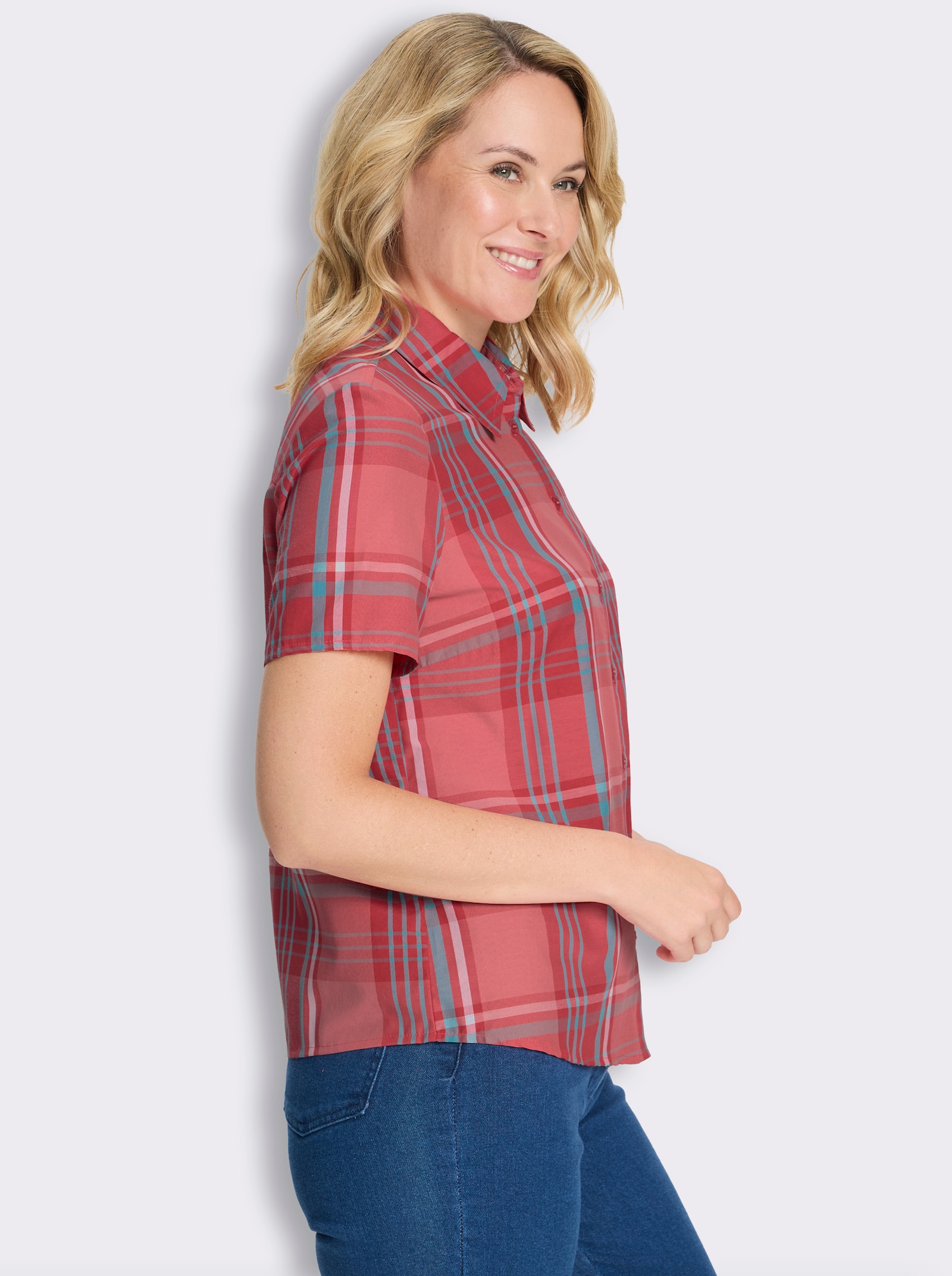 Kurzarm-Bluse - flamingo-ecru-kariert