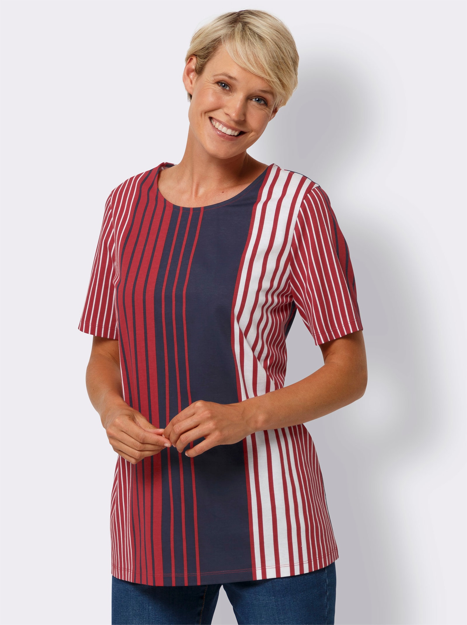 Lang shirt met verticaal streeppatroon - rood/marine gestreept