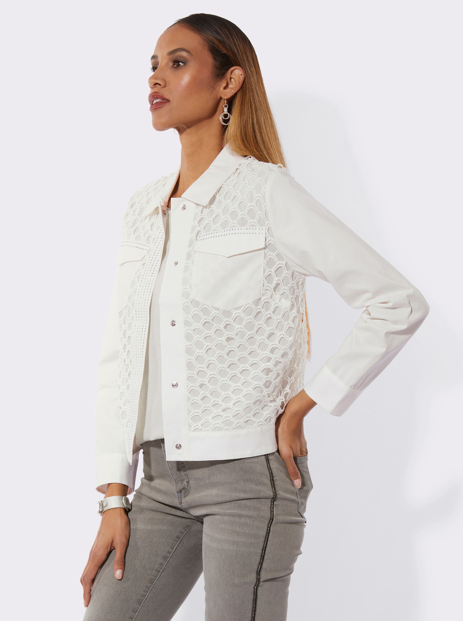 Spitzenblazer mit Deko-Steinchen - ecru
