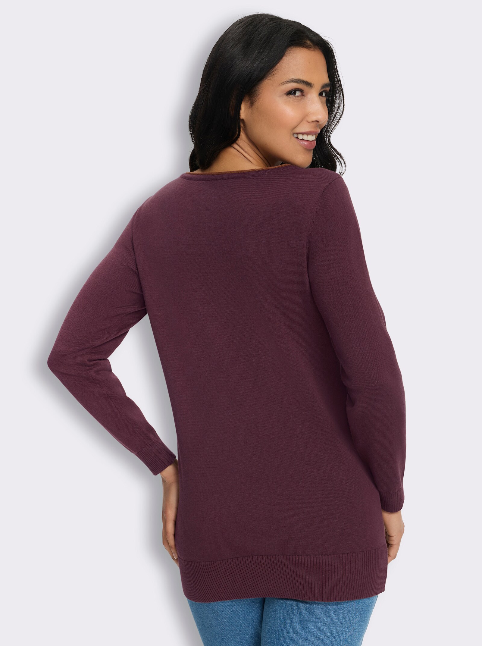  Longpullover mit Kontrast-Rollsaum - burgund