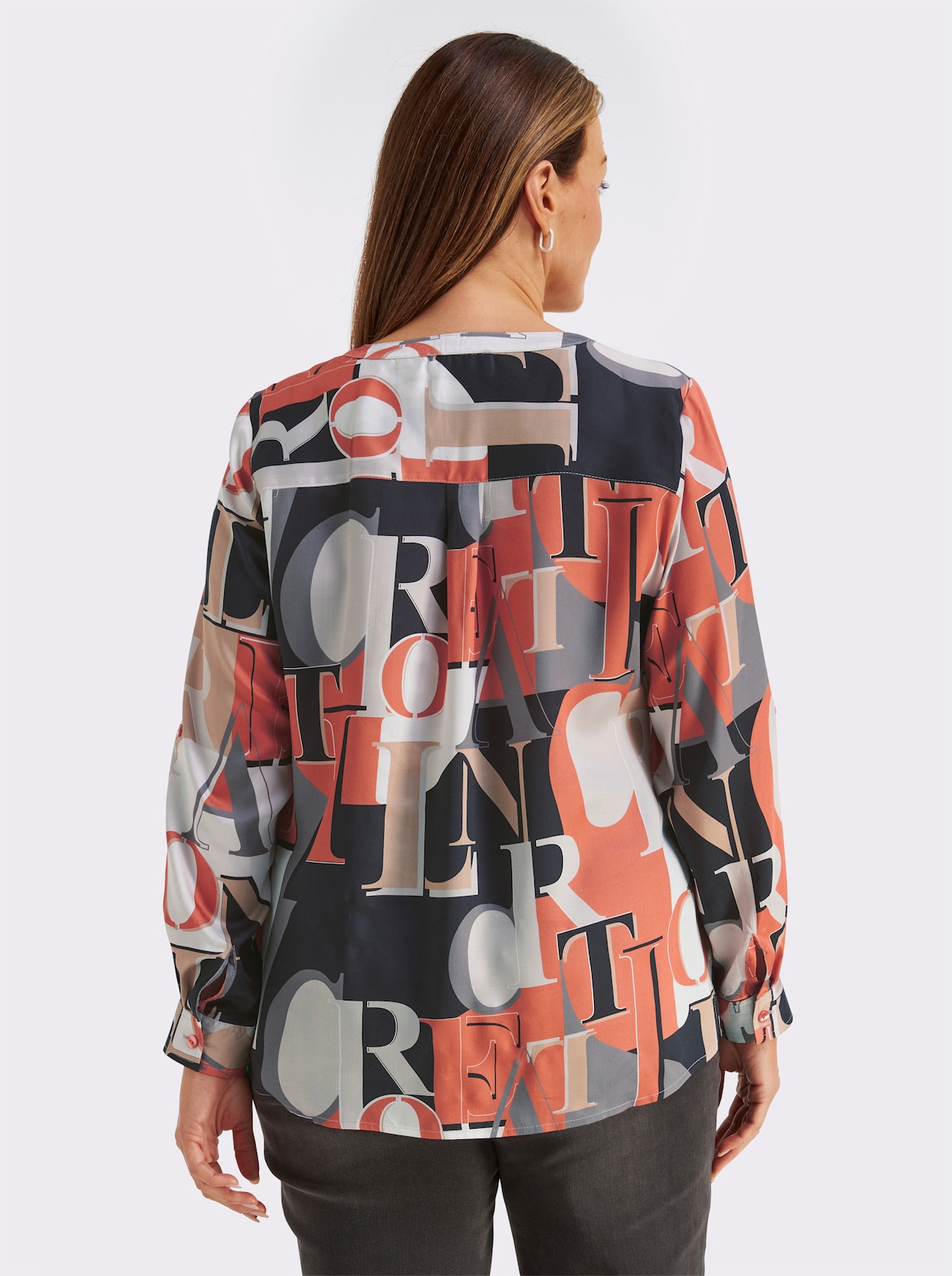 Schlupfbluse mit Krempelärmel - papaya-schwarz-bedruckt