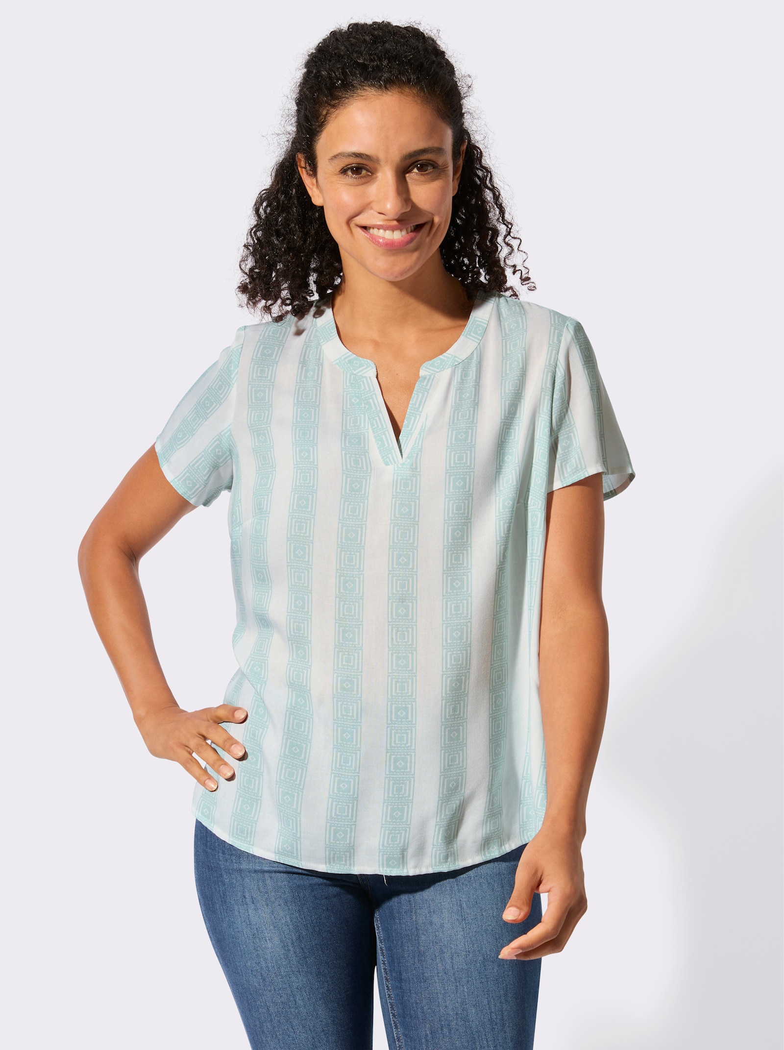 Kurzarmbluse mit Längsstreifen - kalkmint-weiß