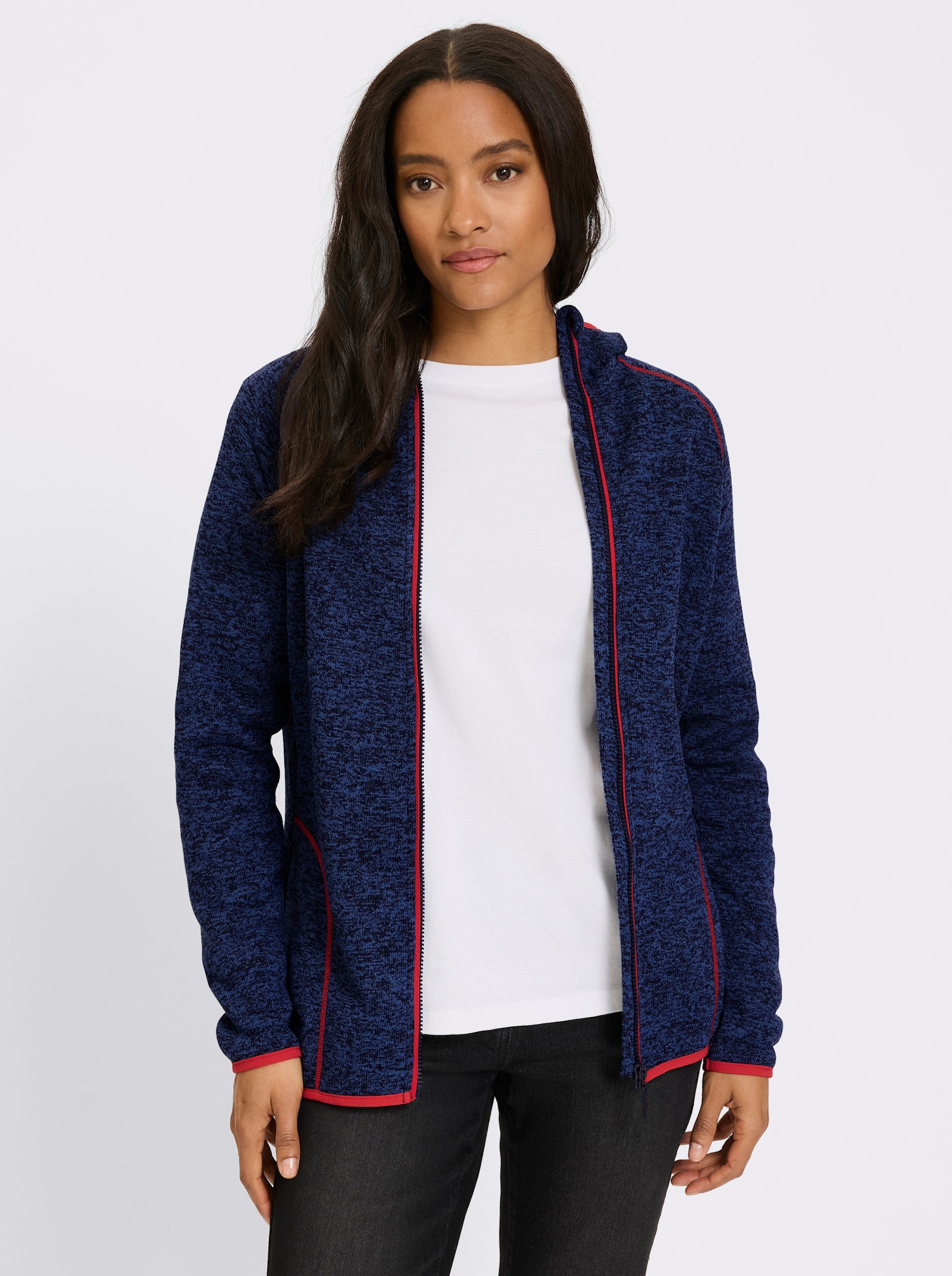 heine Kapuzenfleecejacke mit Kontrastnähten - marine-meliert