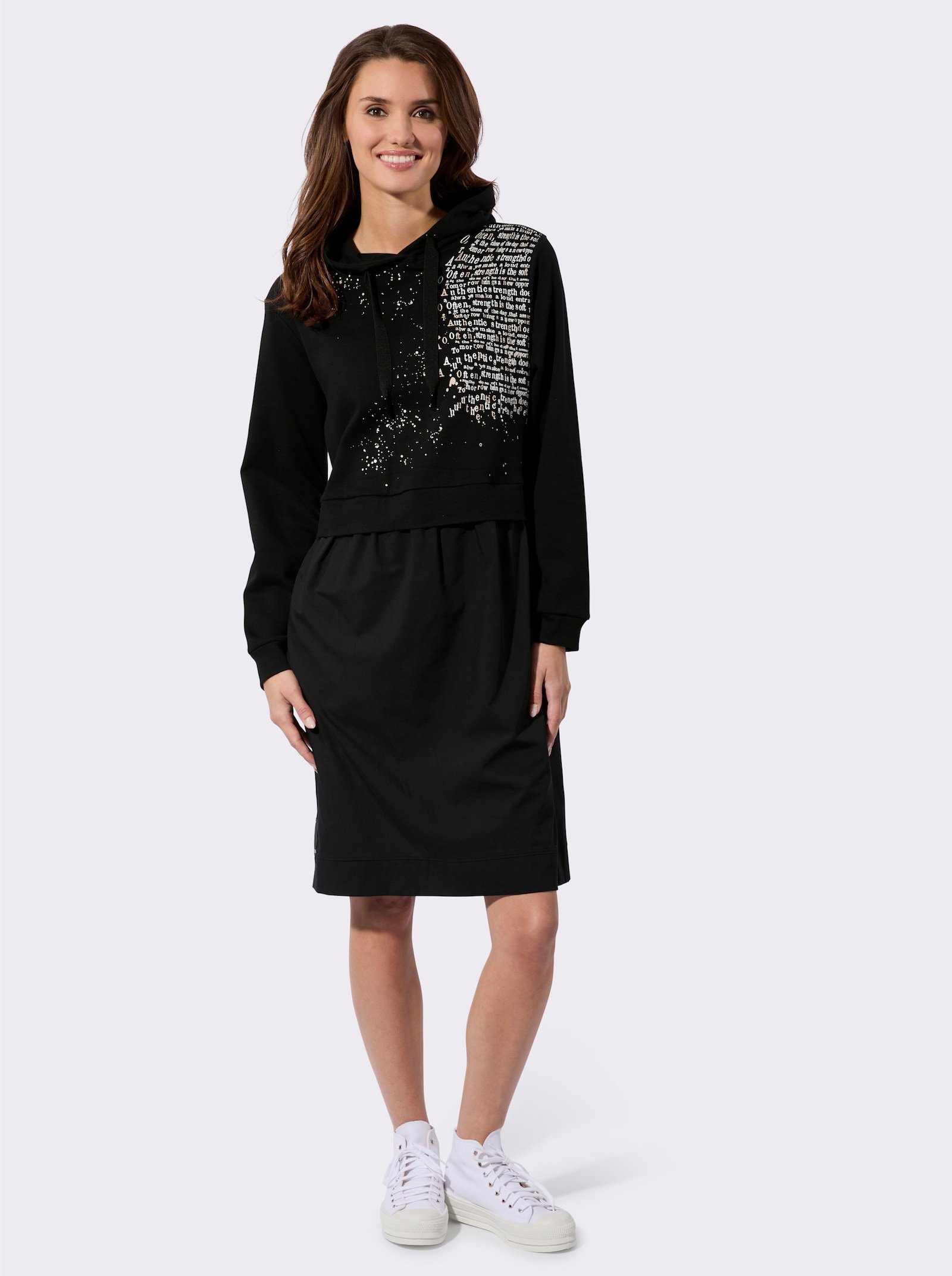 Sweatkleid mit gewebtem Rockteil - schwarz-weiß