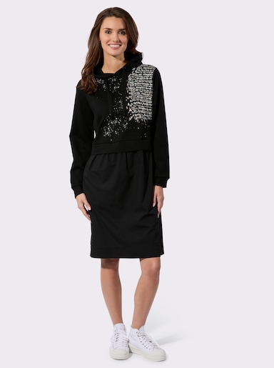 Sweatkleid mit gewebtem Rockteil - schwarz-weiß