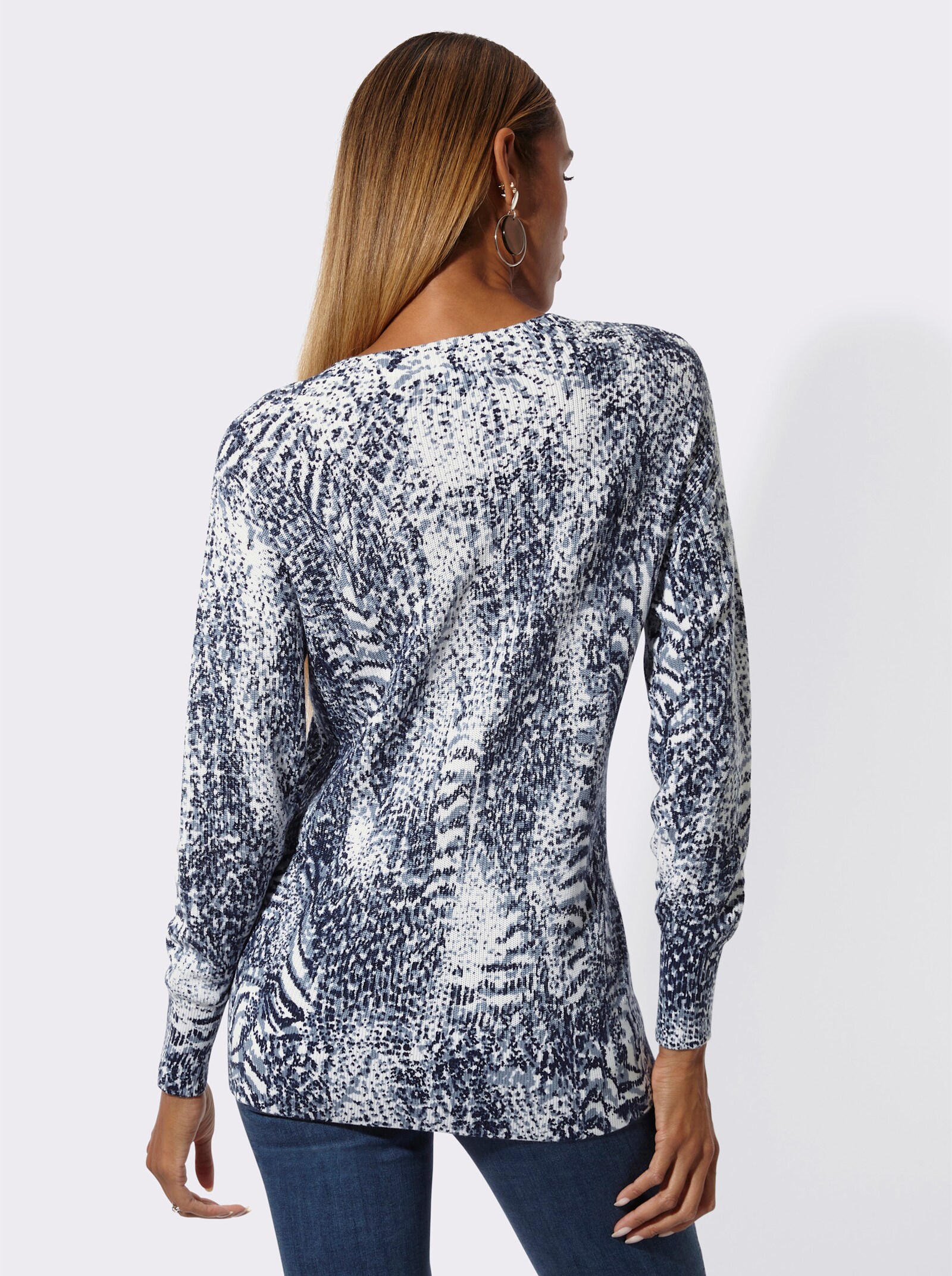 Langarm-Pullover mit Allover-Print - marine-ecru-bedruckt