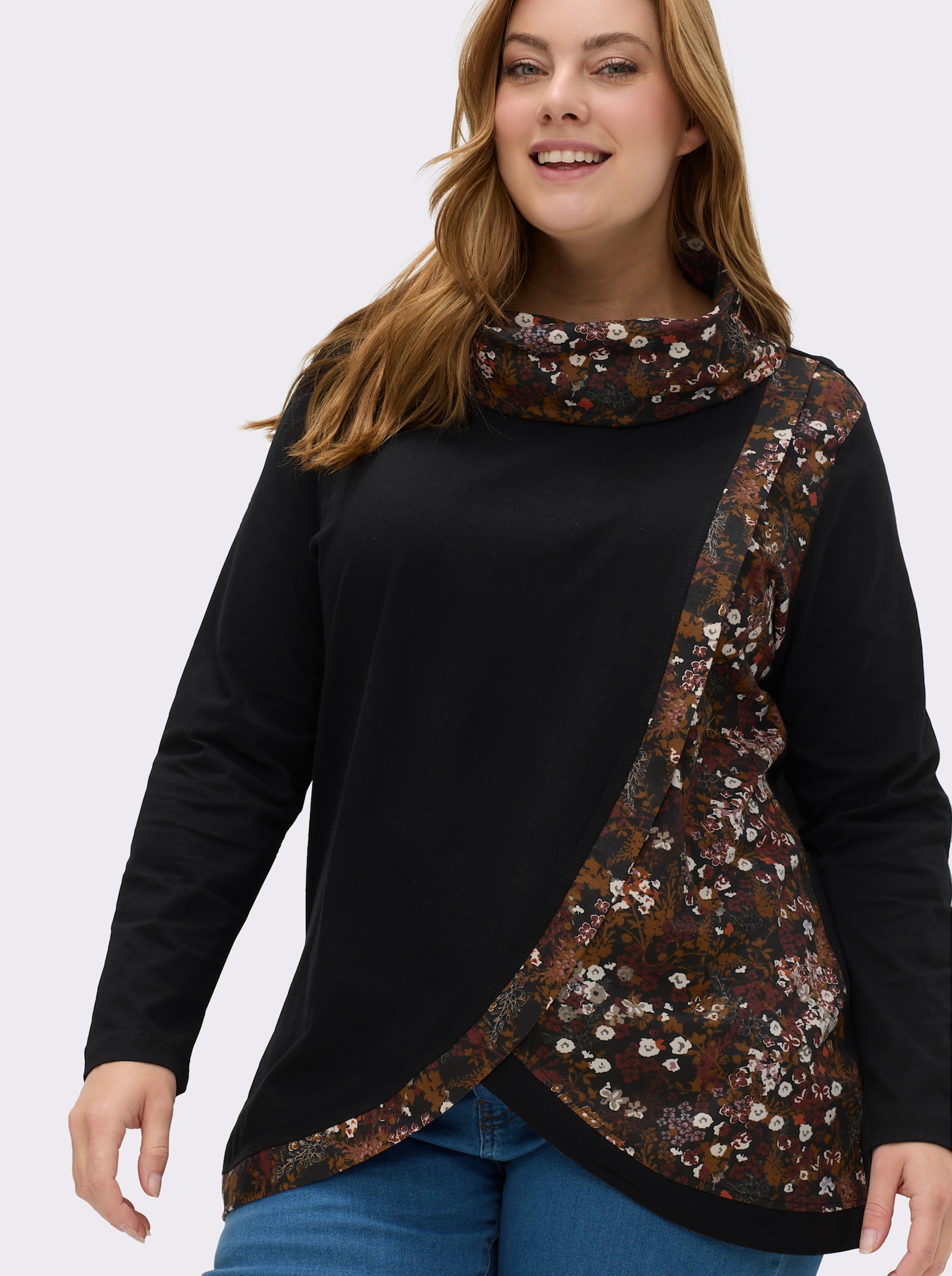 Longshirt in überlappender Optik - schwarz-bedruckt