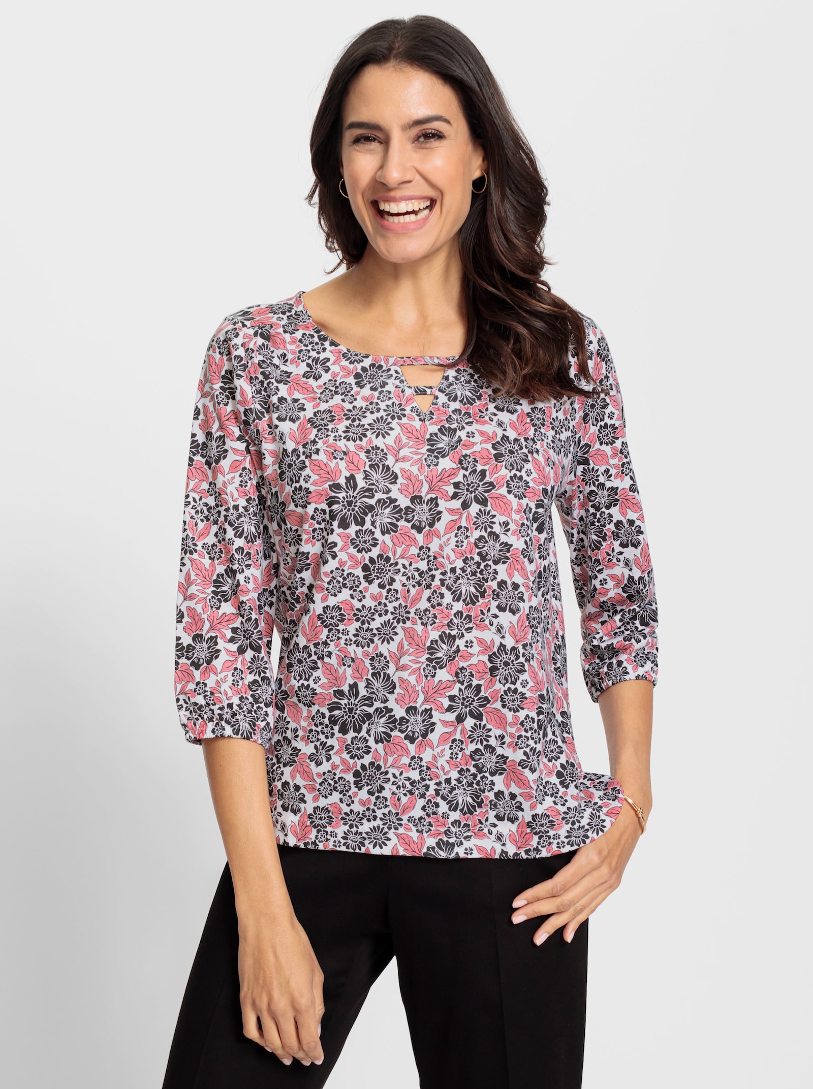 Shirt met print en met rimpeling op de schouder - wit/flamingo bedrukt