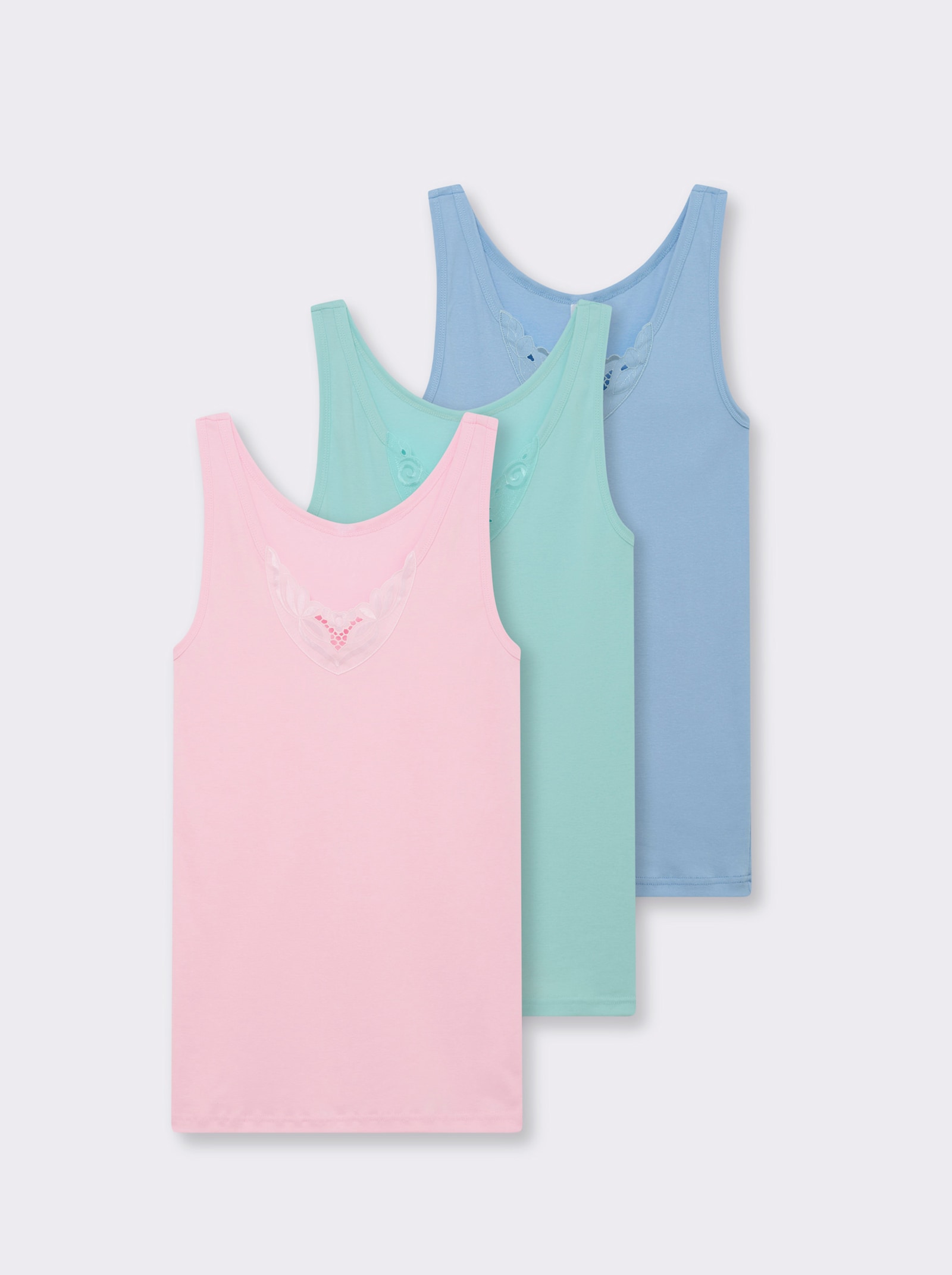 wäschepur Achselhemd mit verschiedenen Spitzen-Motiven - rosé + bleu + mint