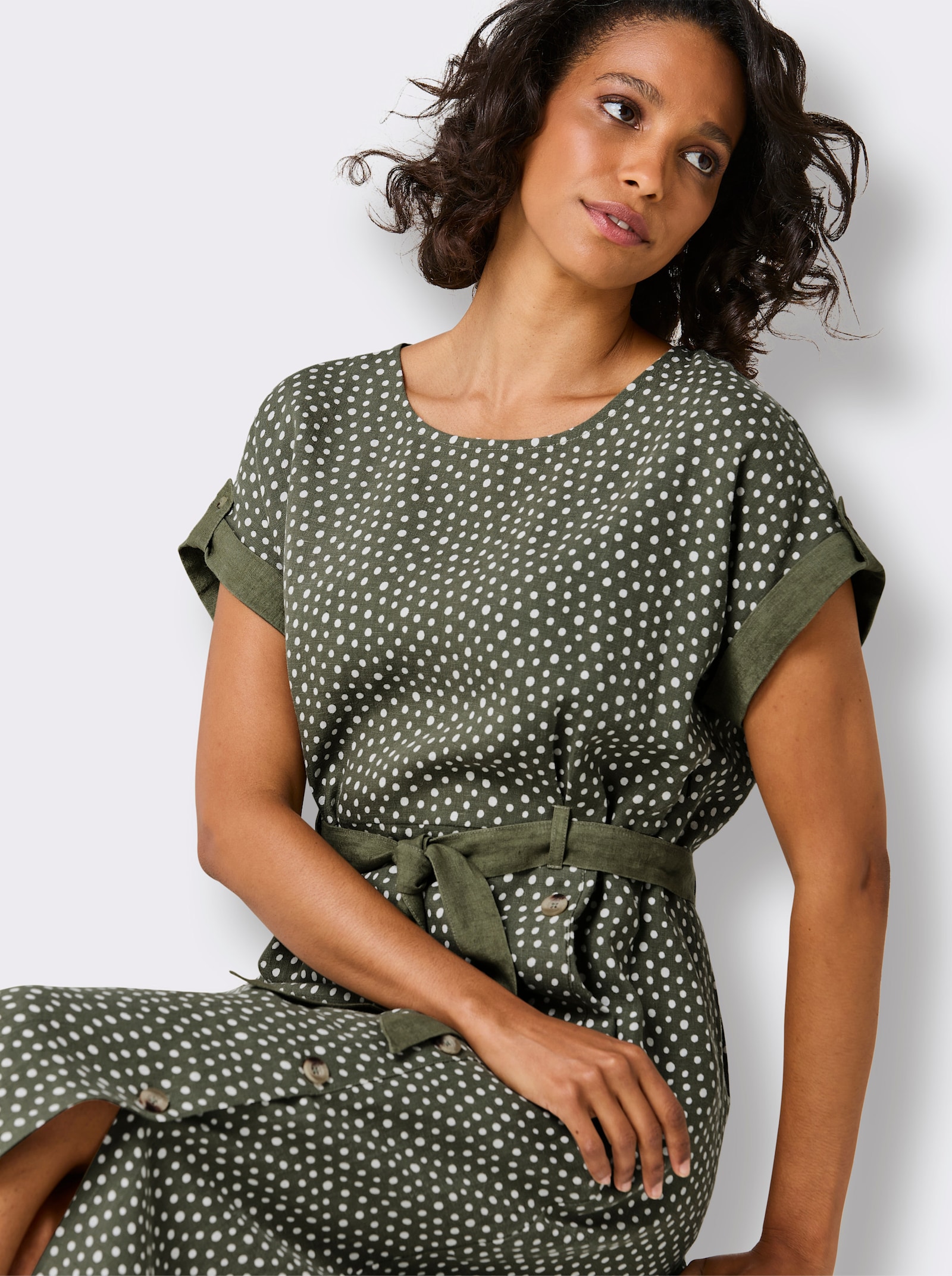 CREATION L PREMIUM Druckkleid aus reinem Leinen - khaki-weiss-bedruckt