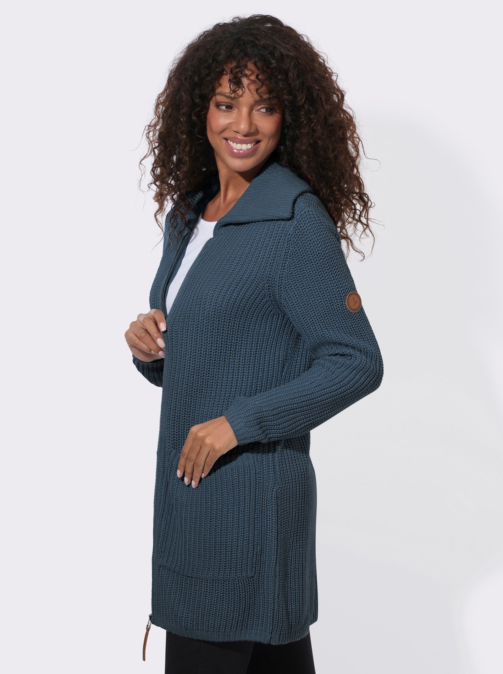 Longstrickjacke mit Umlegekragen - rauchblau