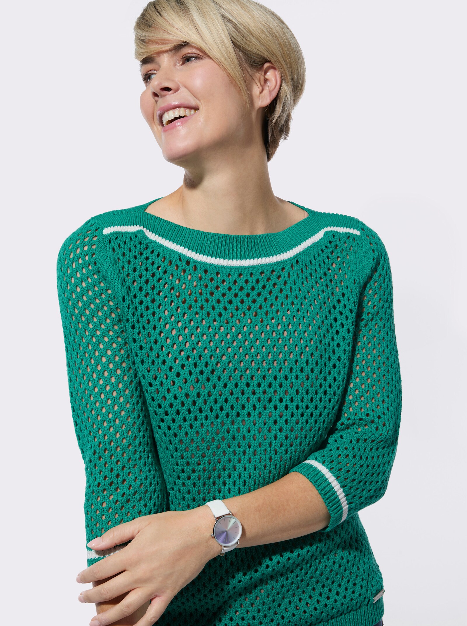 3/4-Arm-Pullover mit Ajourstrickmuster - smaragd