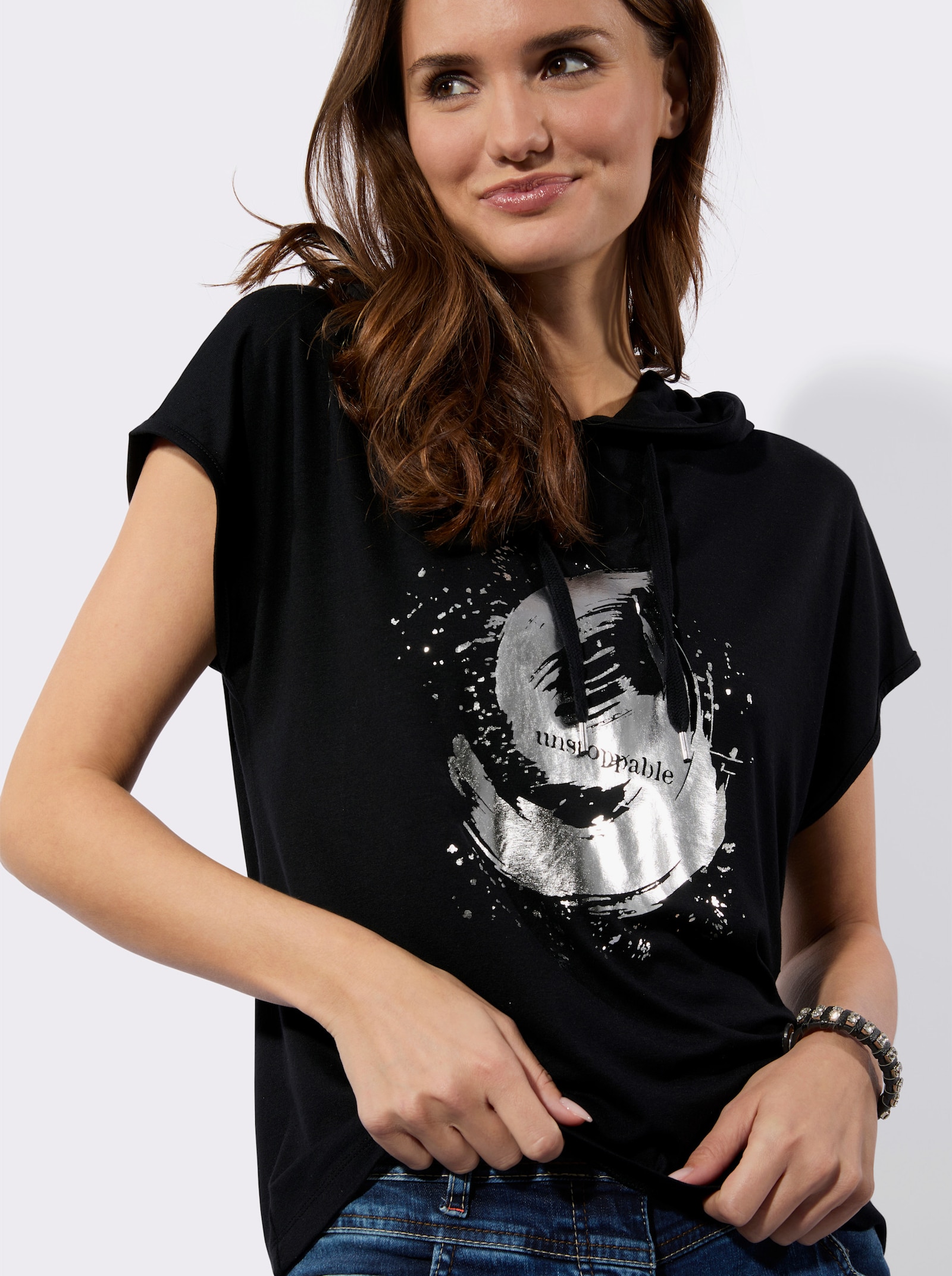 Shirt met capuchon en zilverkleurige print - zwart