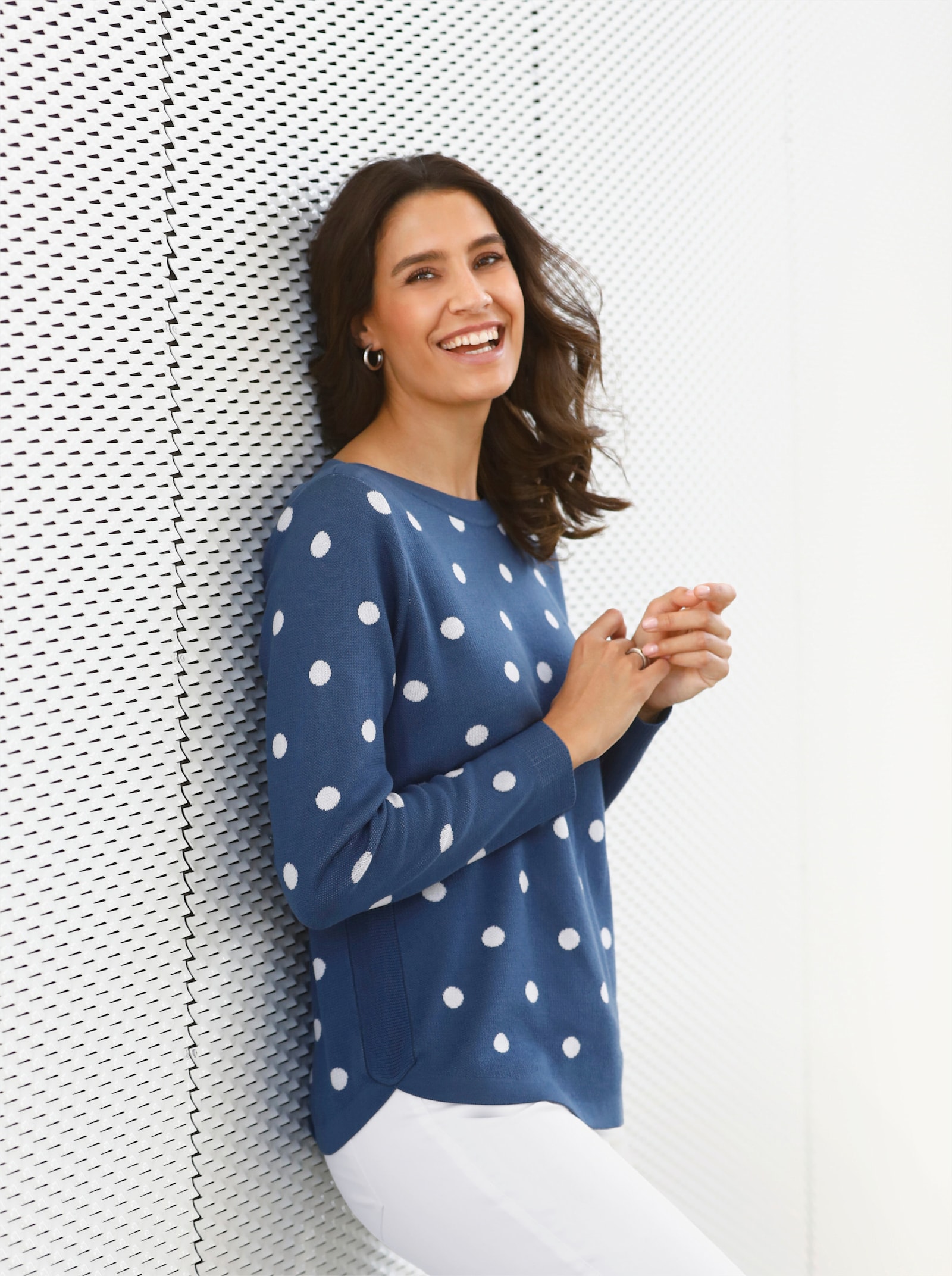 Langarm-Pullover mit seitlichem Ripp-Einsatz - jeansblau-ecru-gemustert