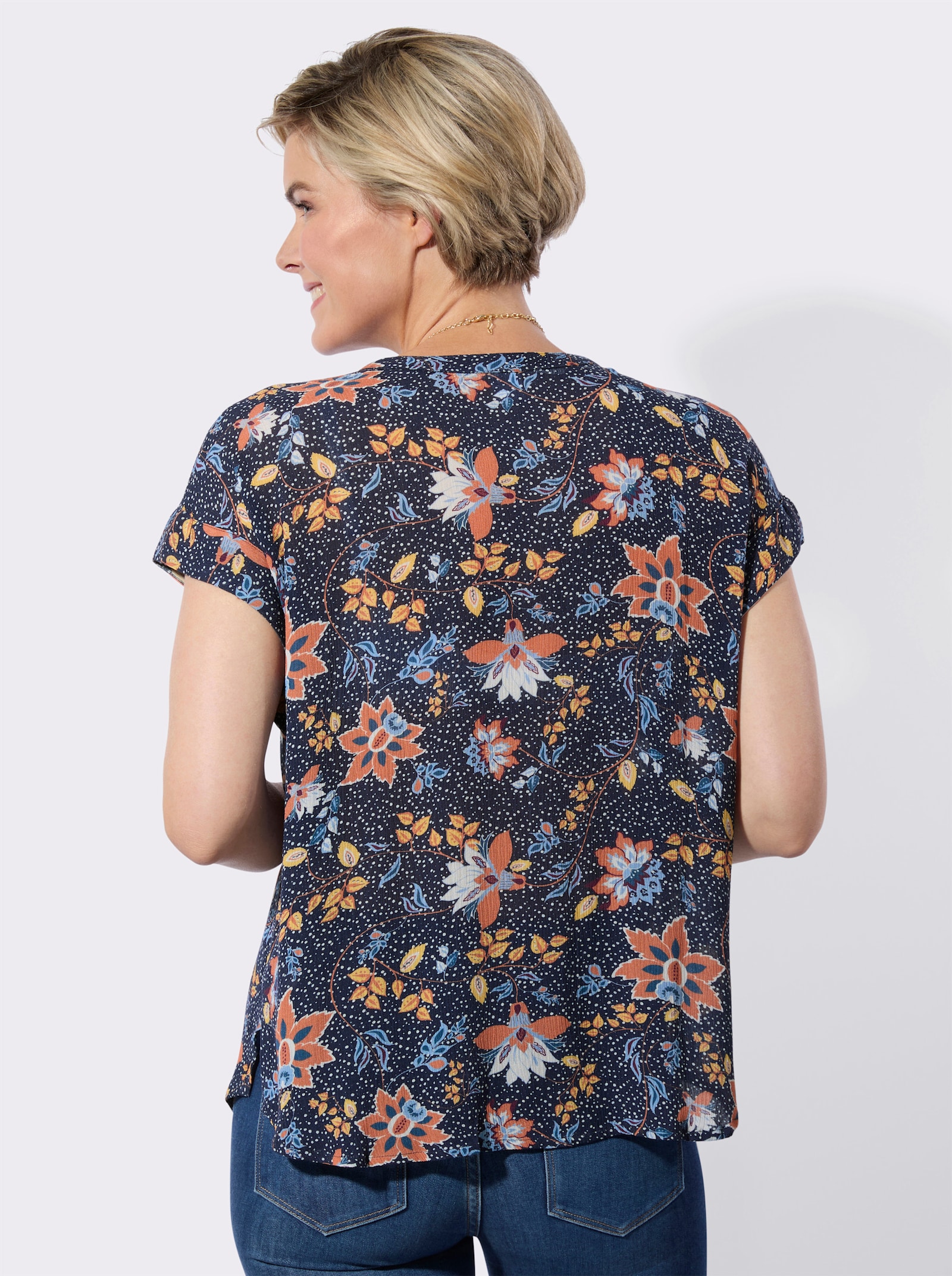 Kurzarmbluse in strukturierter Qualität - marine-gelb-bedruckt