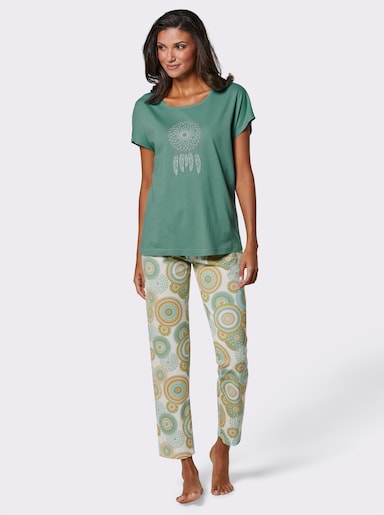 wäschepur Schlafanzug mit platziertem Druck - ecru-salbei-bedruckt