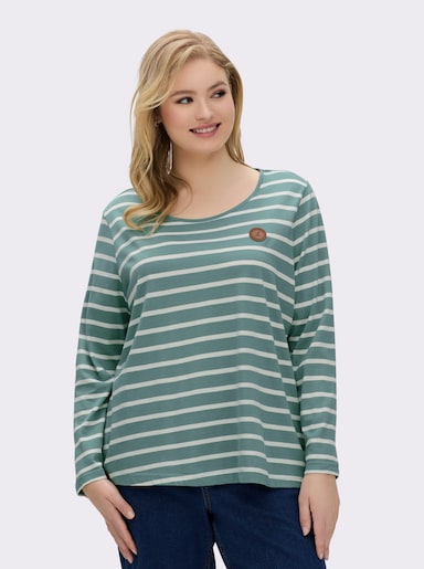 Ringelshirt mit Lederimitat-Patches - jade-ecru-gestreift