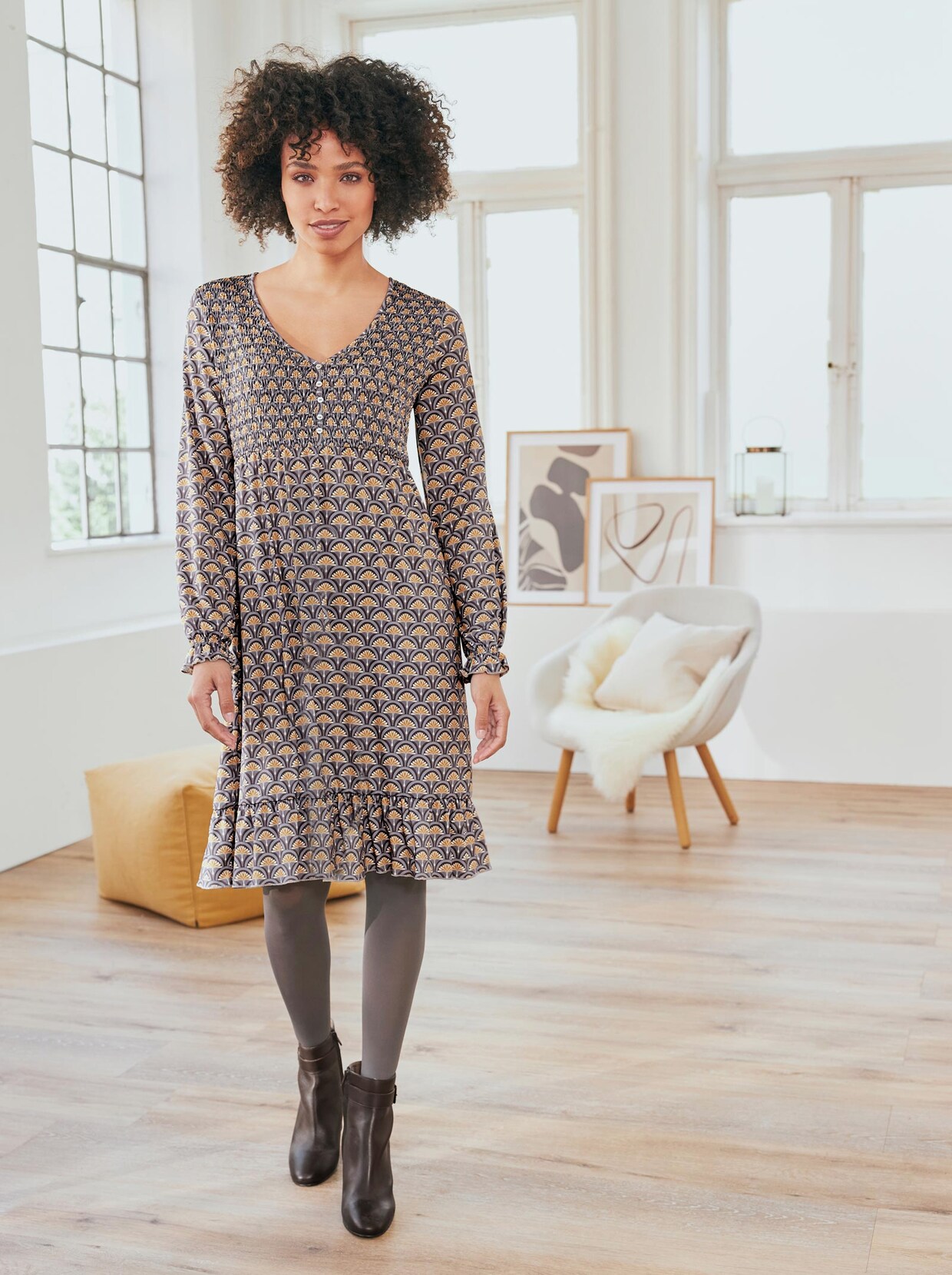 Linea Tesini Jersey-Kleid - steingrau-ocker-bedruckt