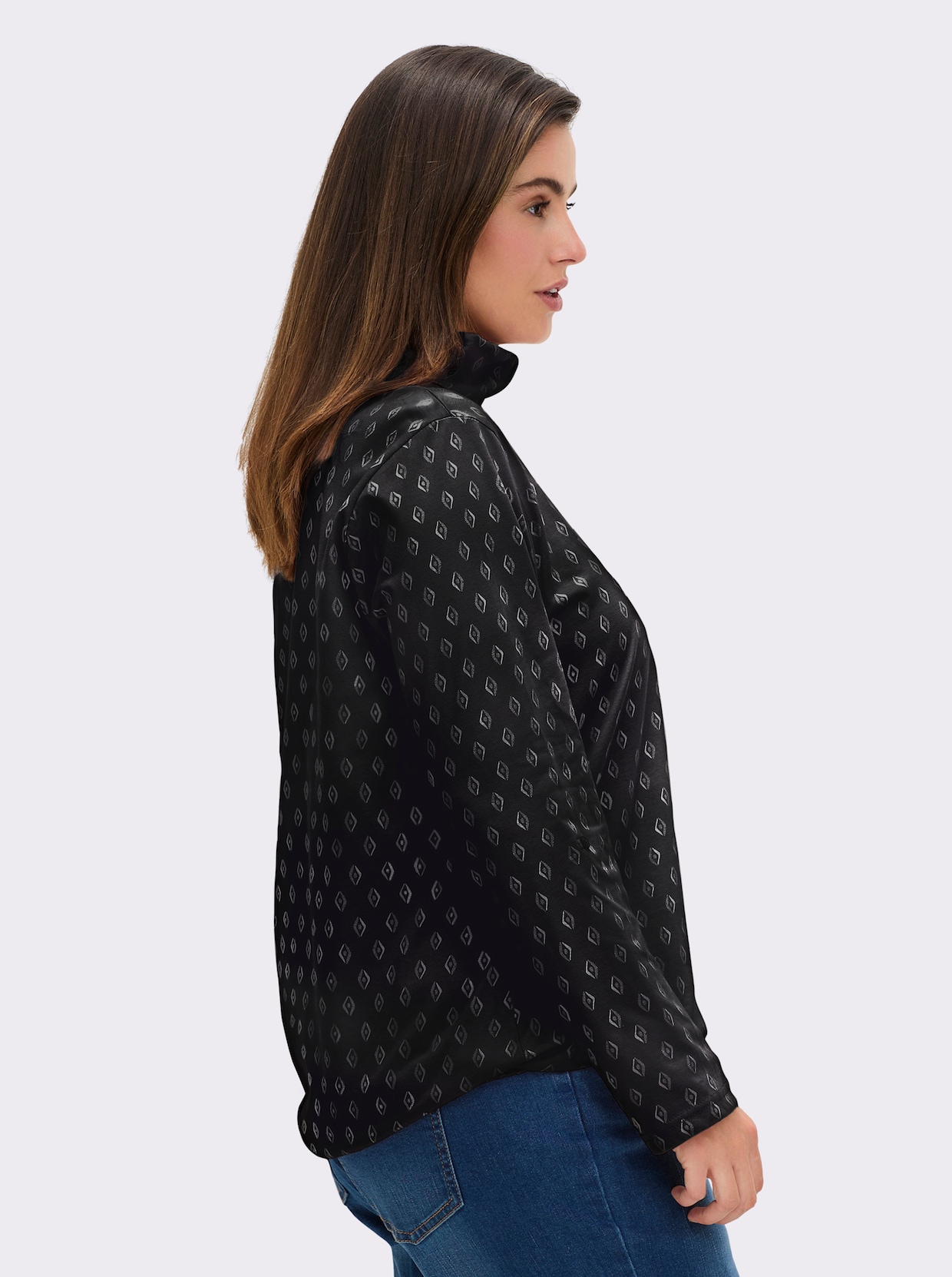 Rollkragenshirt Mit Krempel-Ärmel - schwarz-ecru-bedruckt