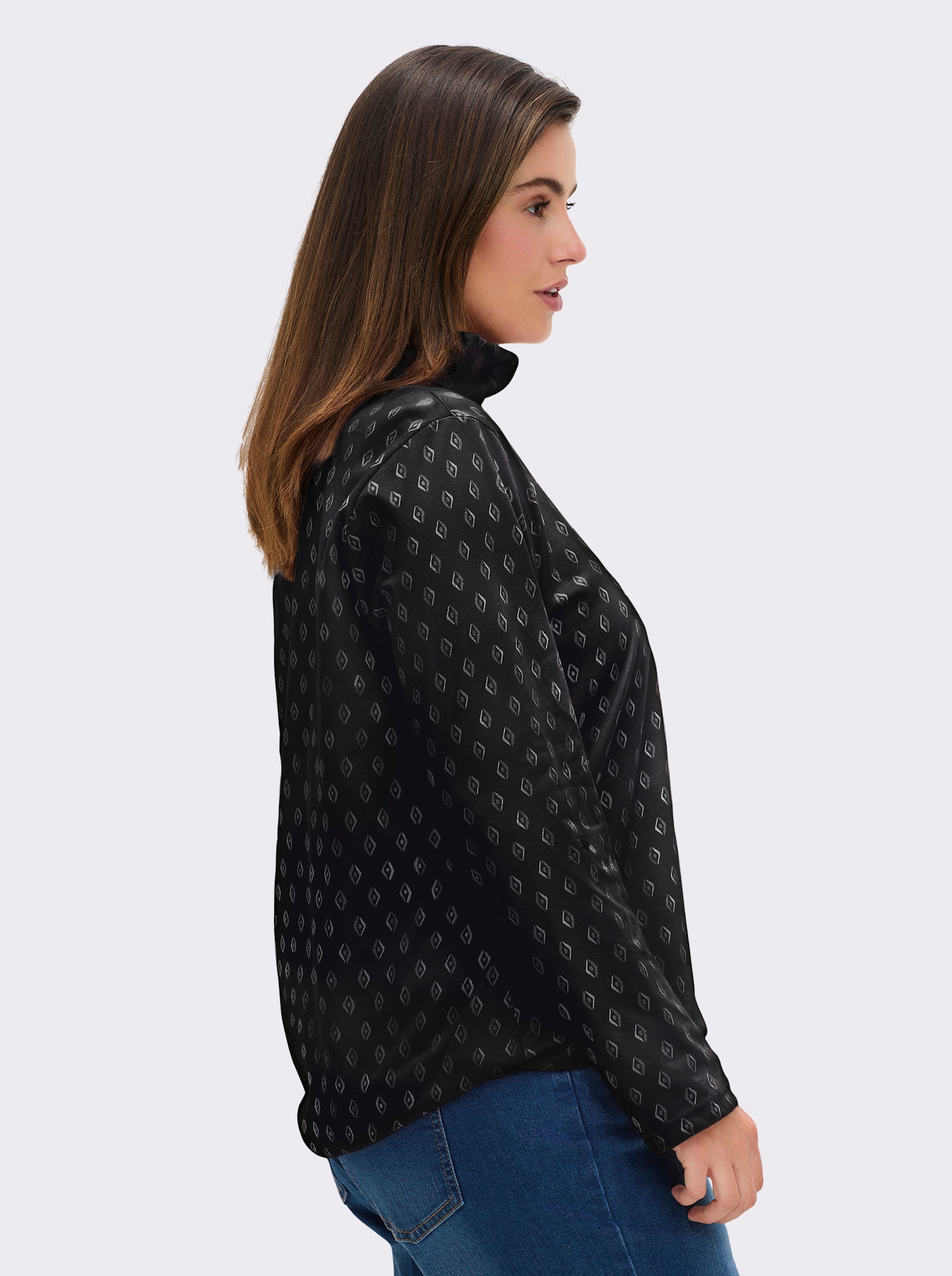 Rollkragenshirt Mit Krempel-Ärmel - schwarz-ecru-bedruckt