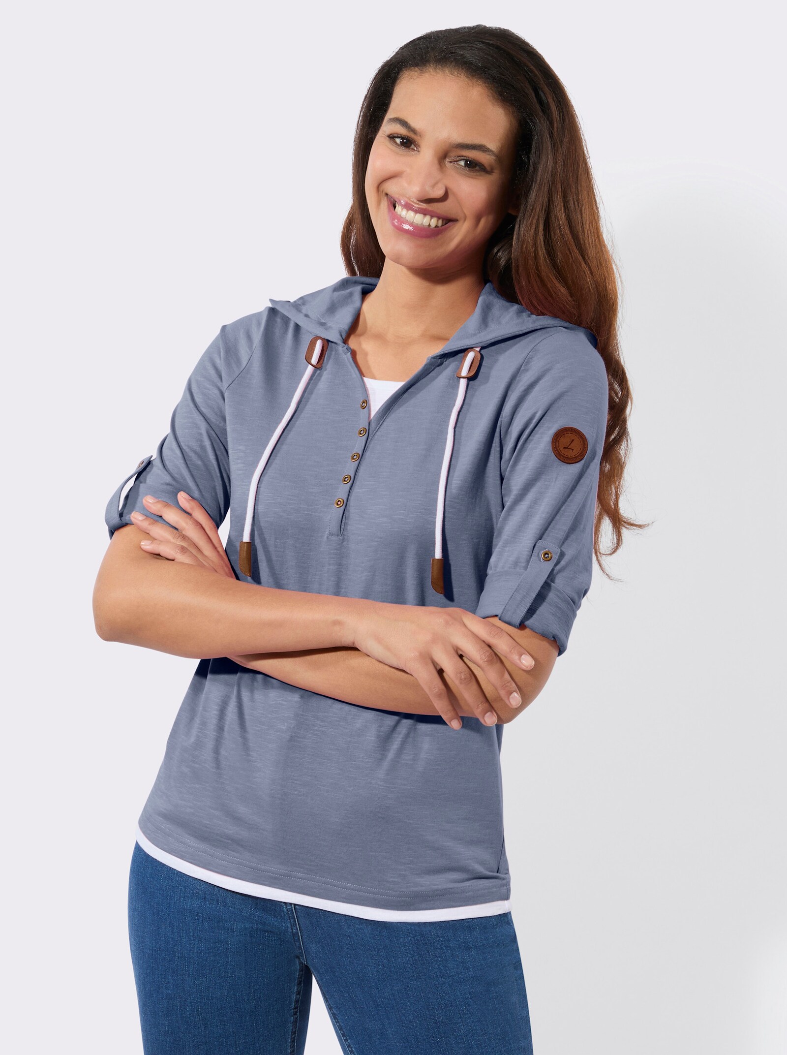 2-in-1-Shirt mit Kapuze - taubenblau-weiß