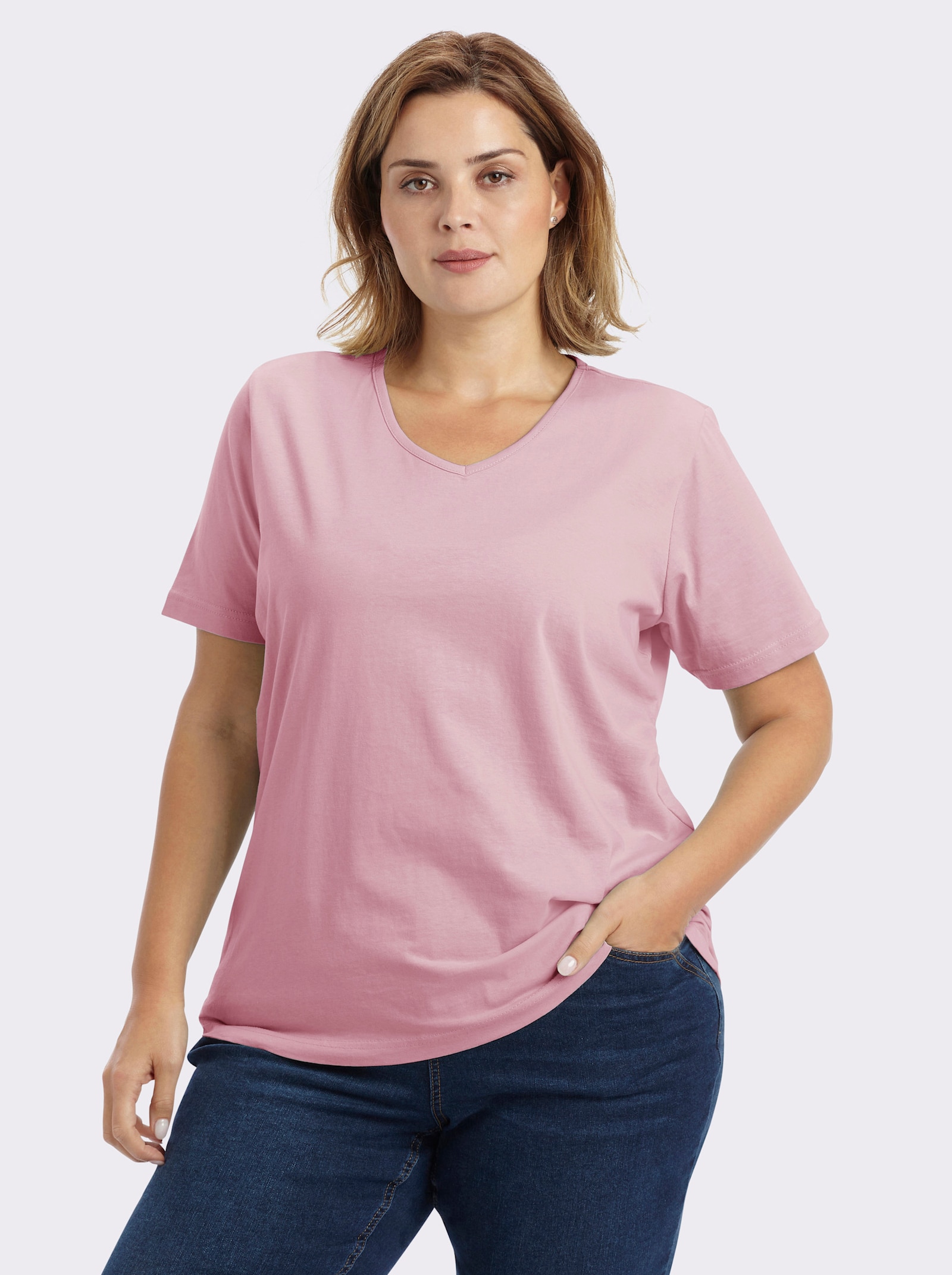 Kurzarmshirt mit V-Ausschnitt - rosé