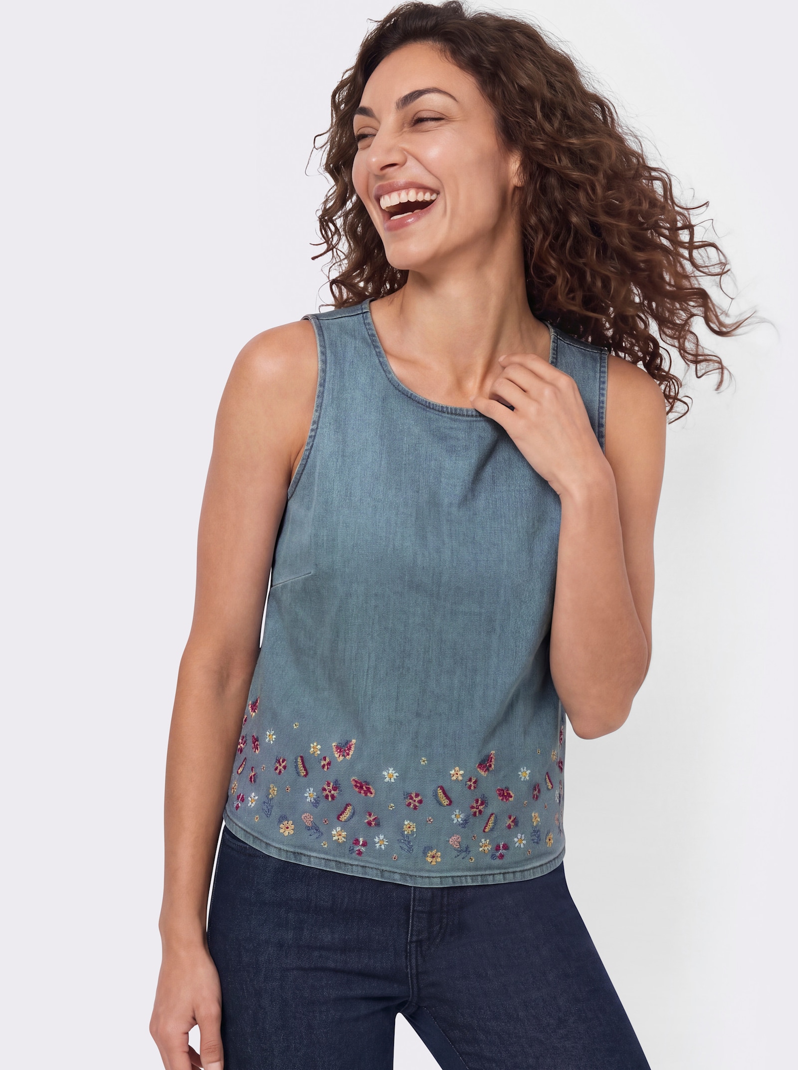 Jeanstop mit Stickerei am Saum - blue-bleached