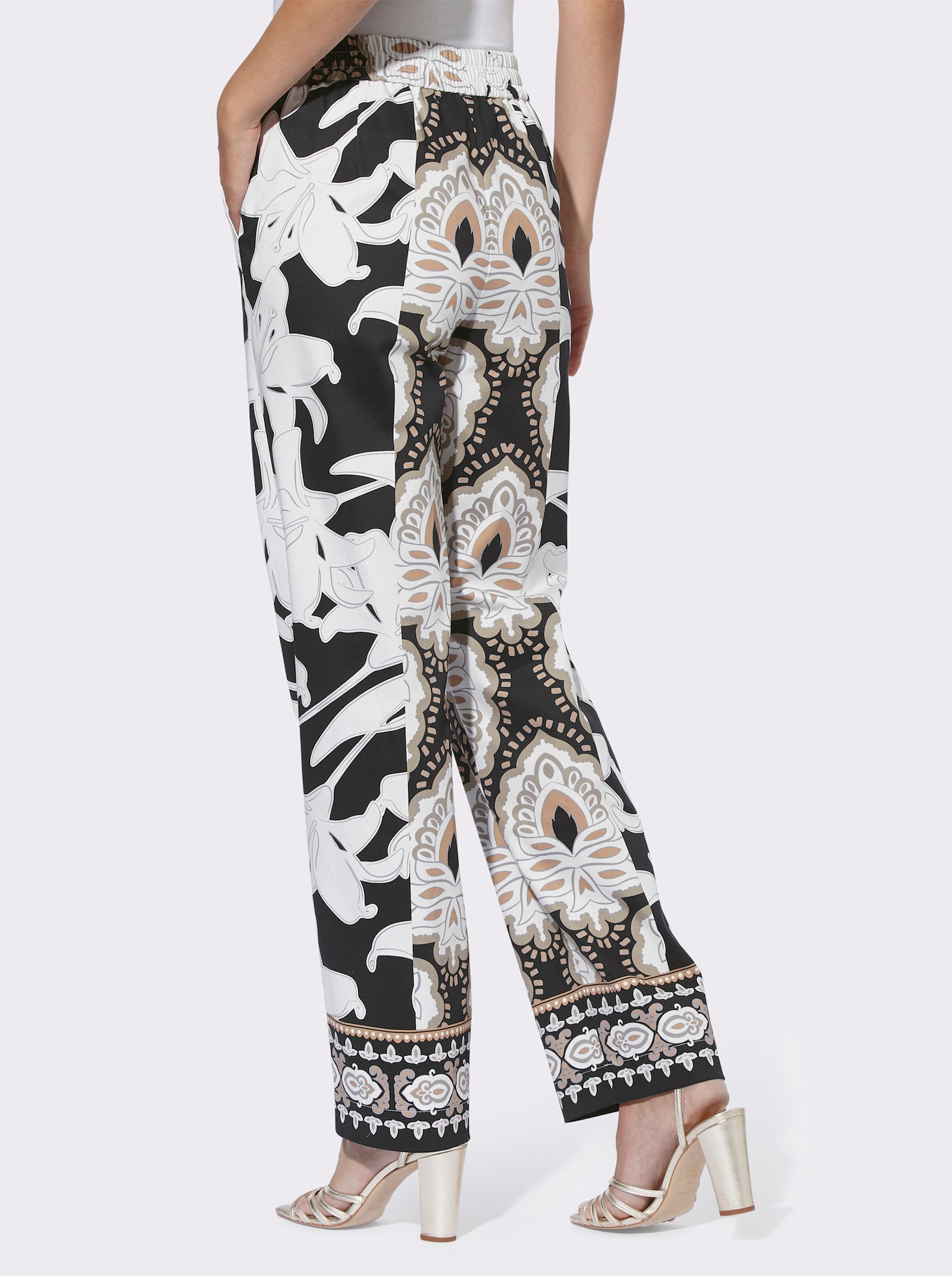 heine Druckhose mit Bordürendruck - schwarz-camel-bedruckt