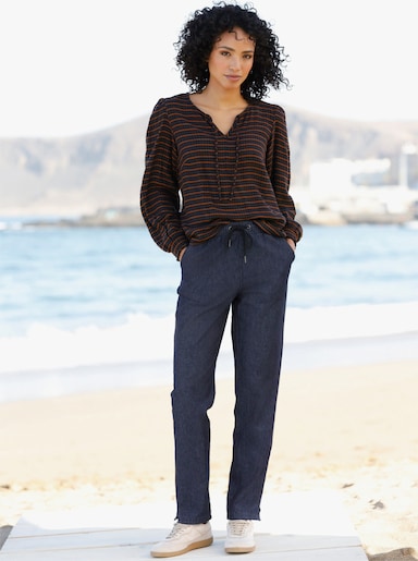 heine Comfortblouse van seersucker - marine/chocolade gedessineerd