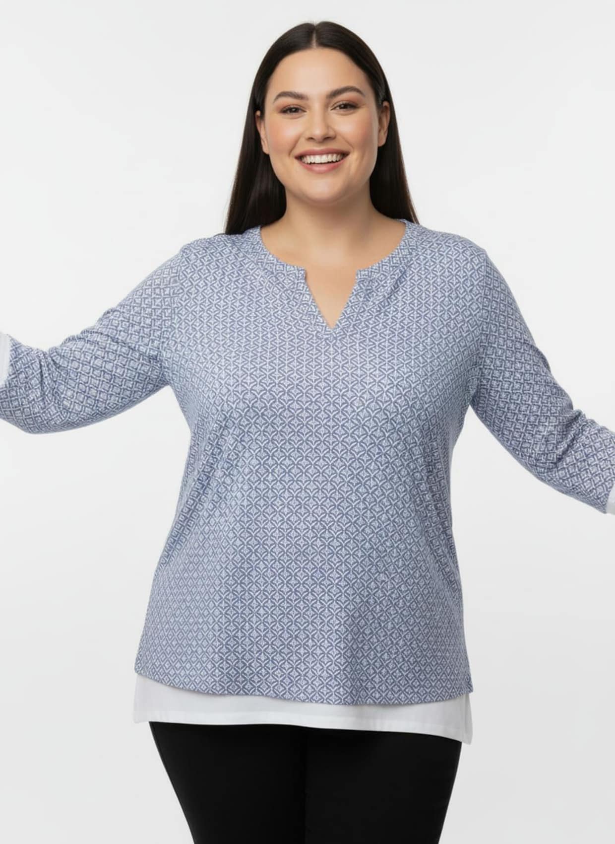 Schlupfbluse mit Minimal-Muster, Viskose - bleu-gemustert