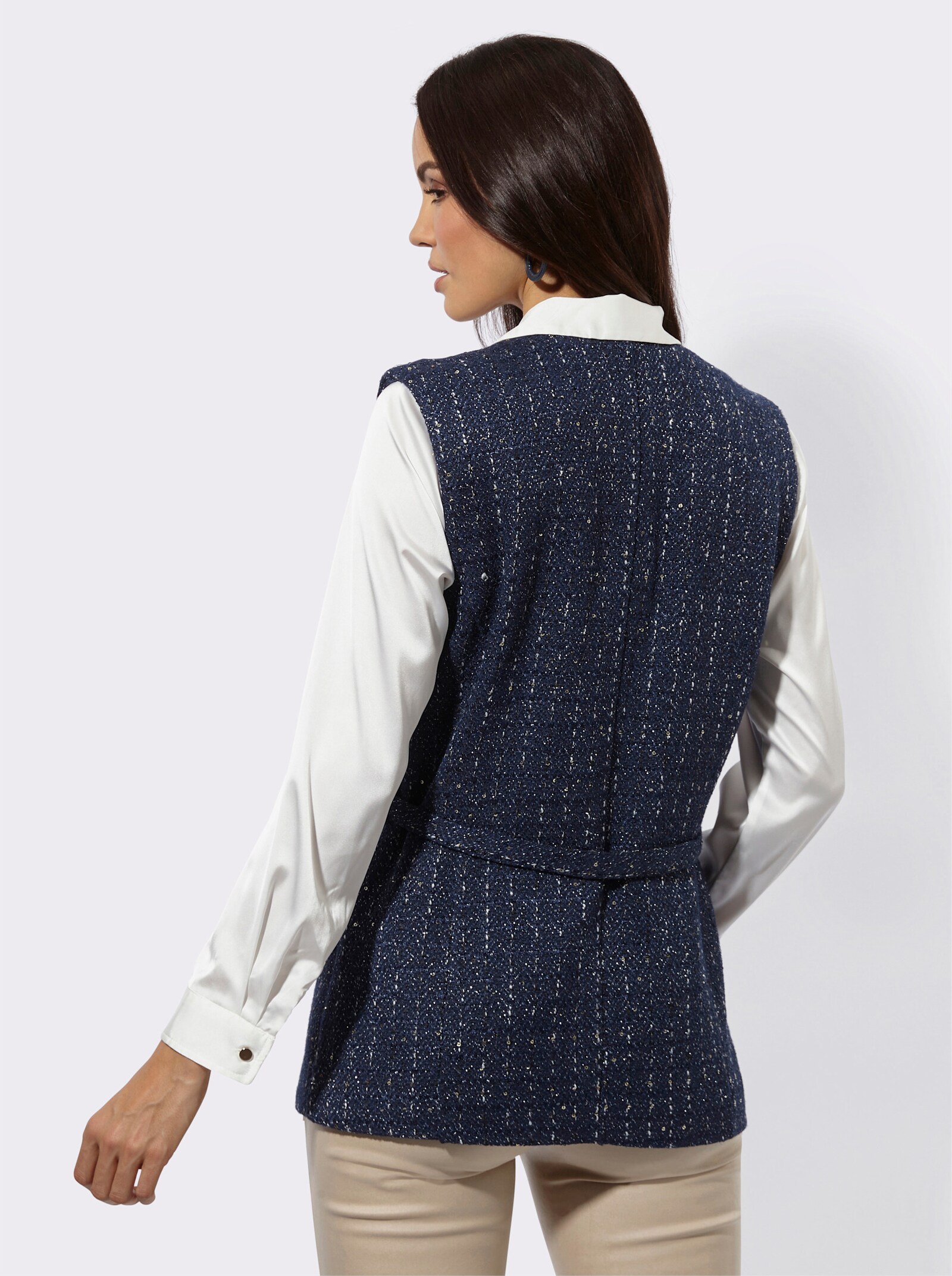 Longweste mit Stoffgürtel - dunkelblau-ecru-meliert