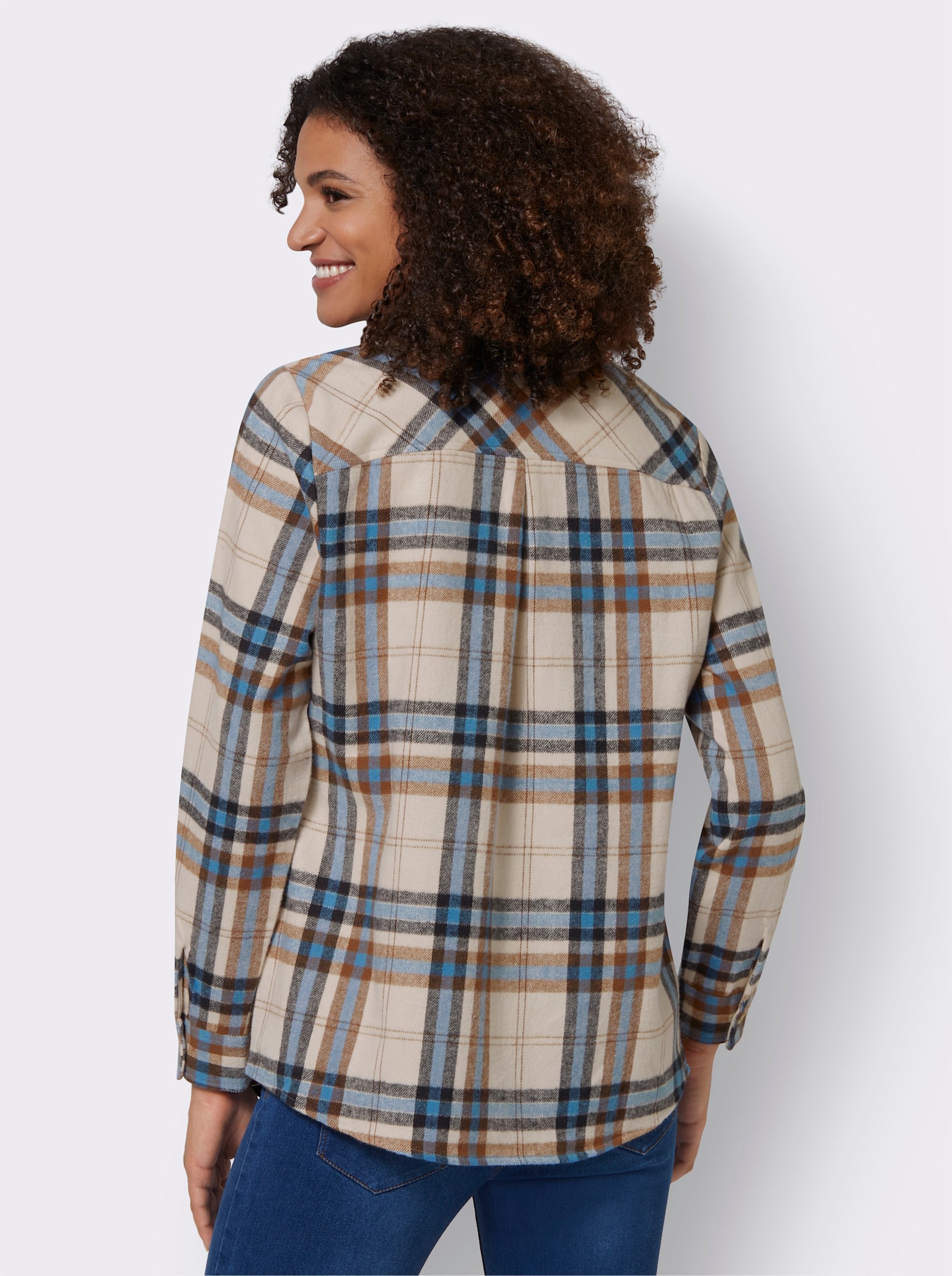 Flanellbluse mit mehrfarbigem Webkaro - mittelblau-elfenbein-kariert