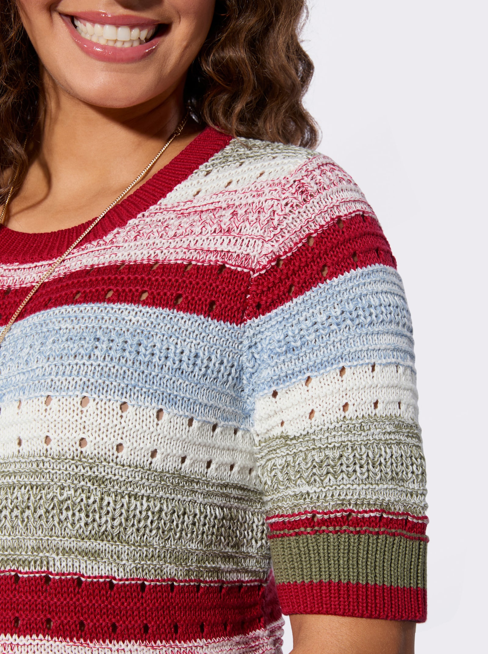 Kurzarmpullover mit Strickmuster rundum - erdbeere-ecru-geringelt