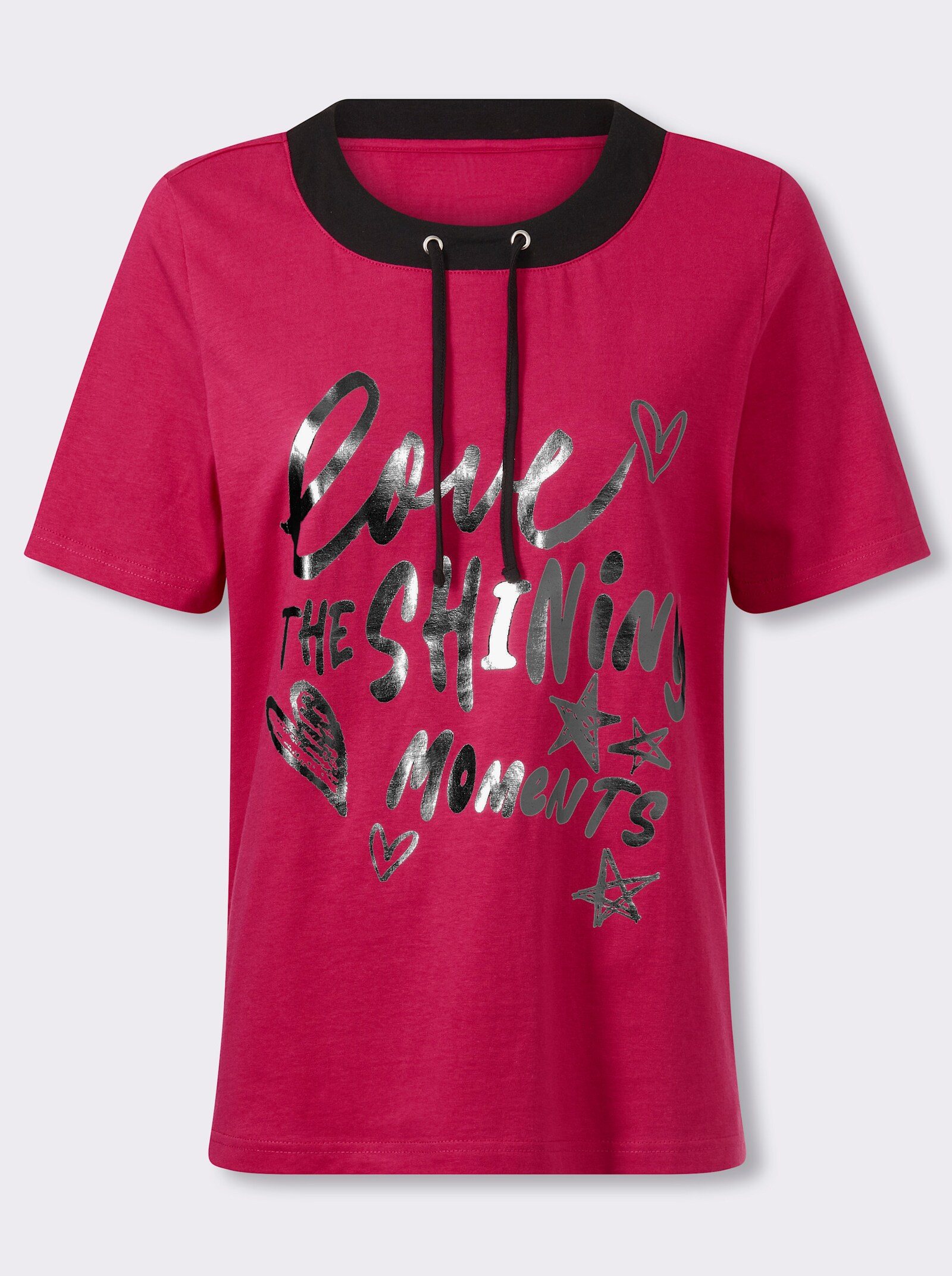 Kurzarmshirt mit Foliendruck - pink-schwarz