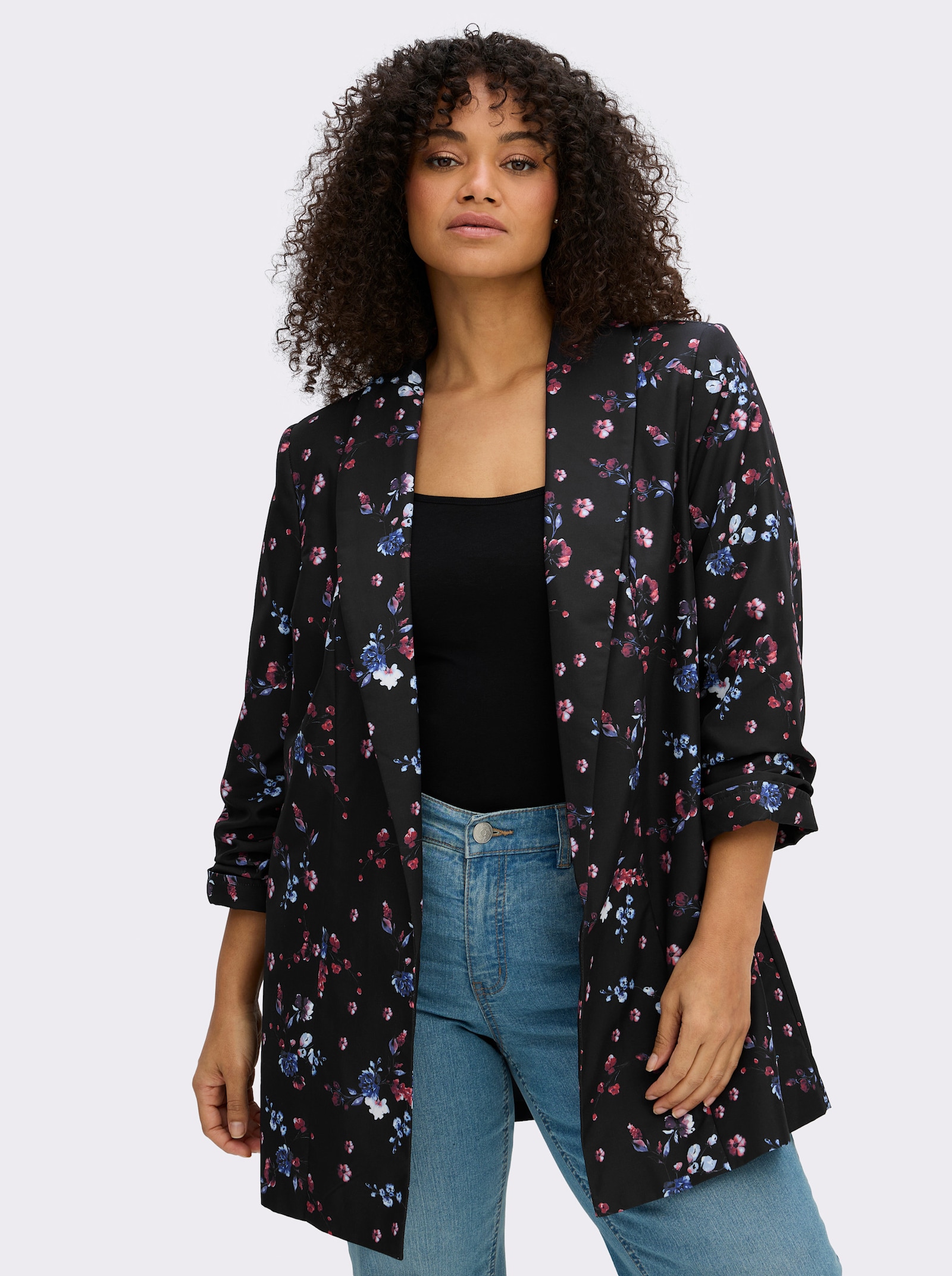 sheego Blazer mit Blumen-Alloverprint - schwarz-koralle-bedruckt