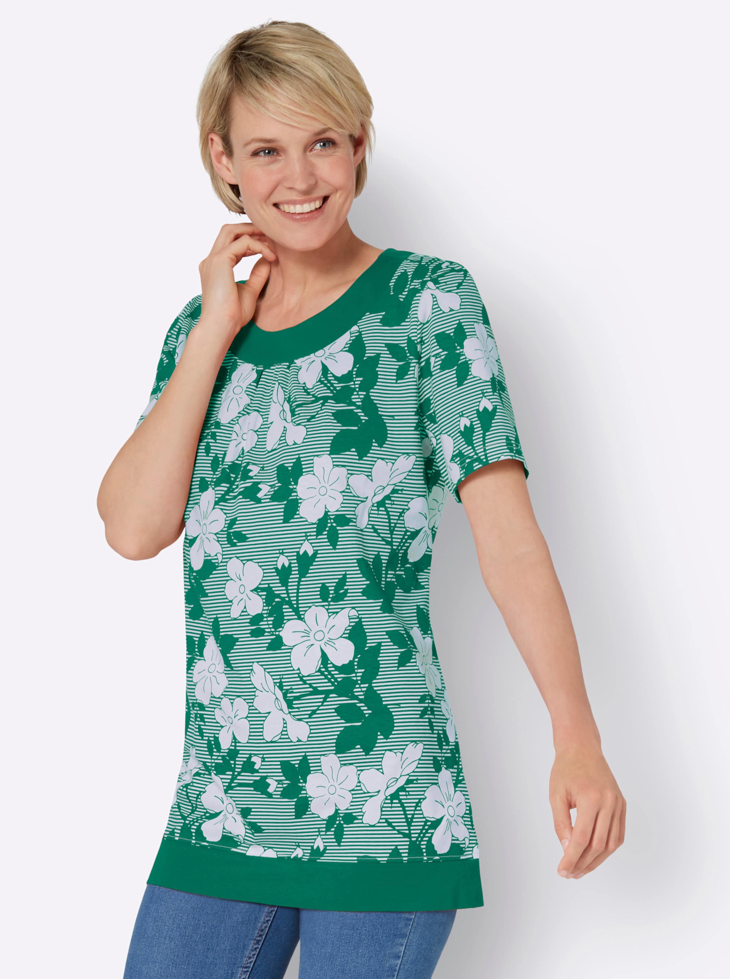 Witt Damen Longshirt, grün-weiß-bedruckt