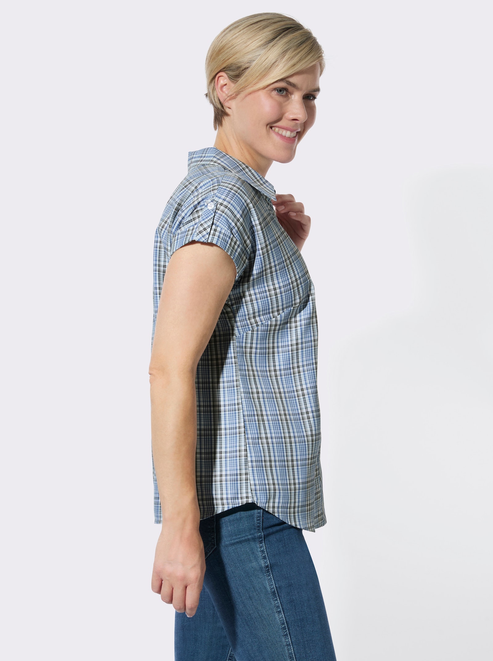 Karobluse mit Hemdkragen - mittelblau-weiß-kariert