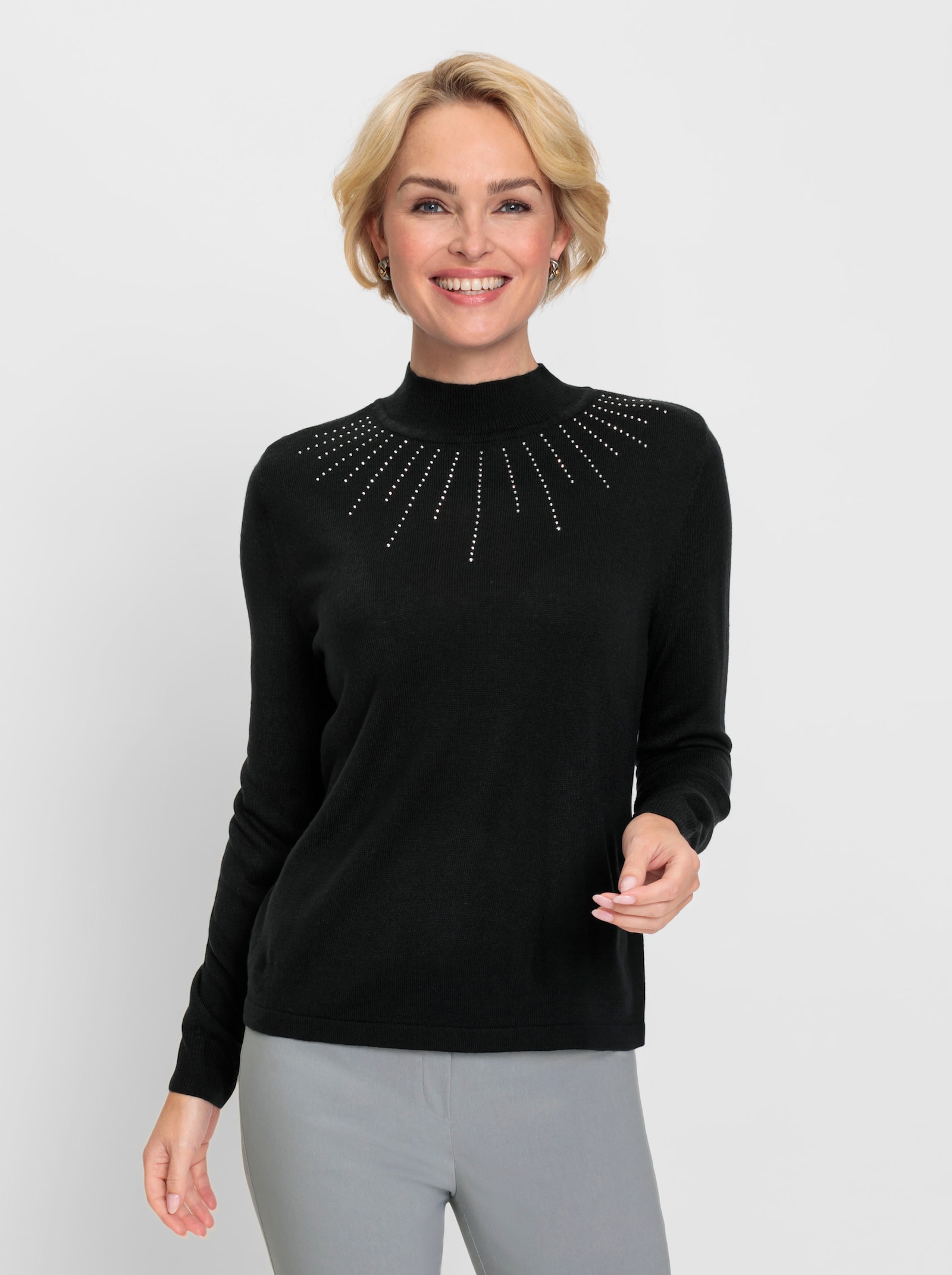 Stehkragenpullover mit funkelnden Steinchen - schwarz
