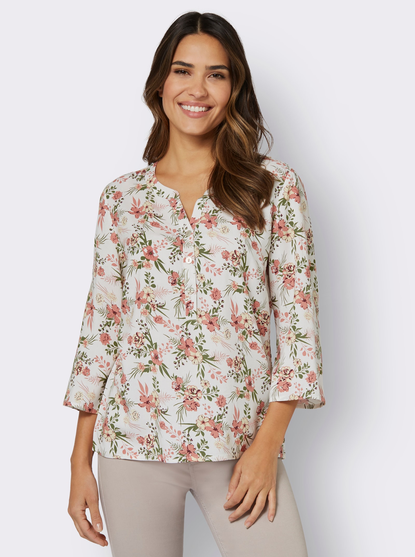 Blouse met print en korte knoopsluiting - ecru/kaki geprint