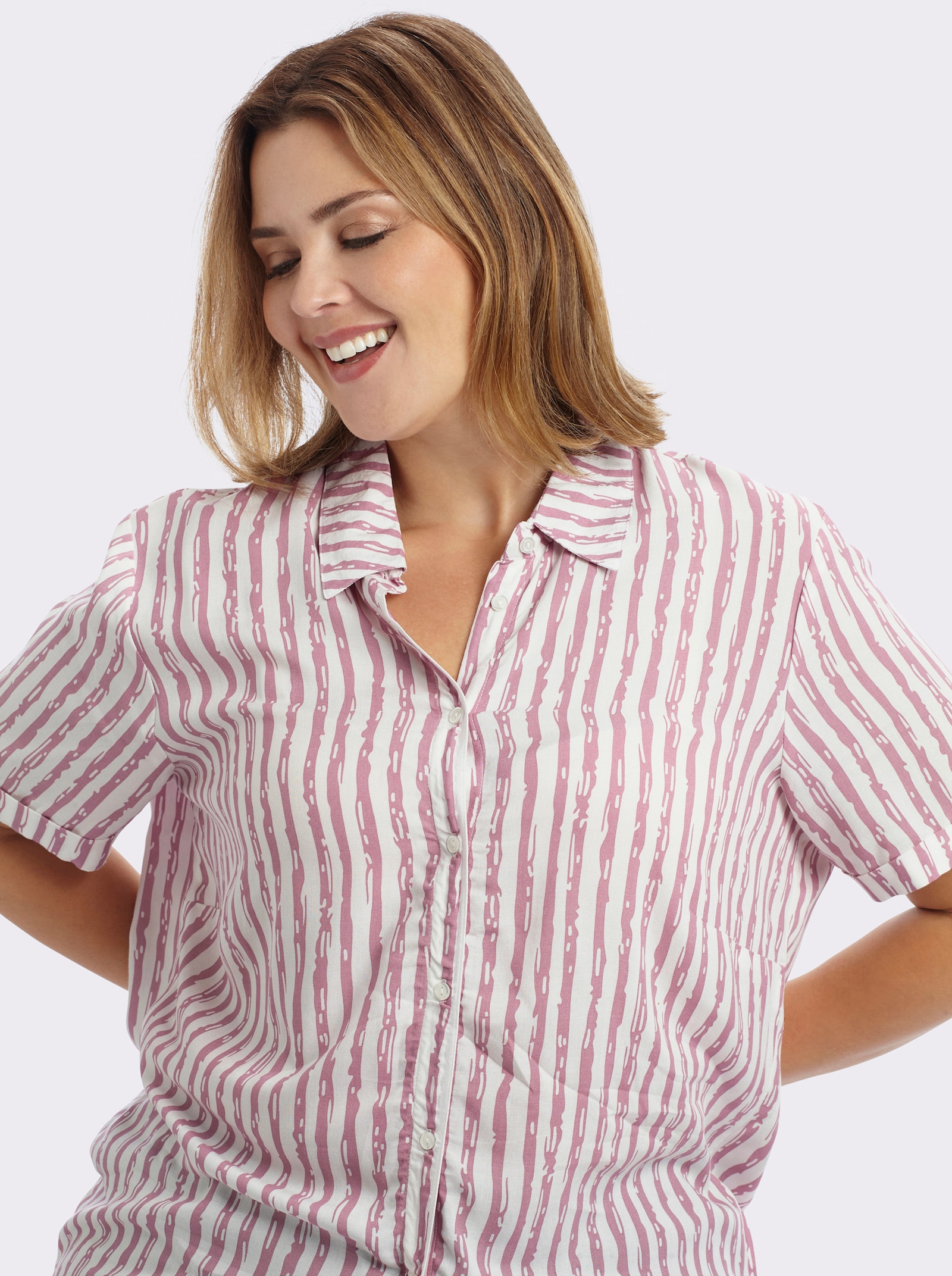 Gestreifte Bluse mit kurzen Ärmeln - altrosa-ecru-gestreift