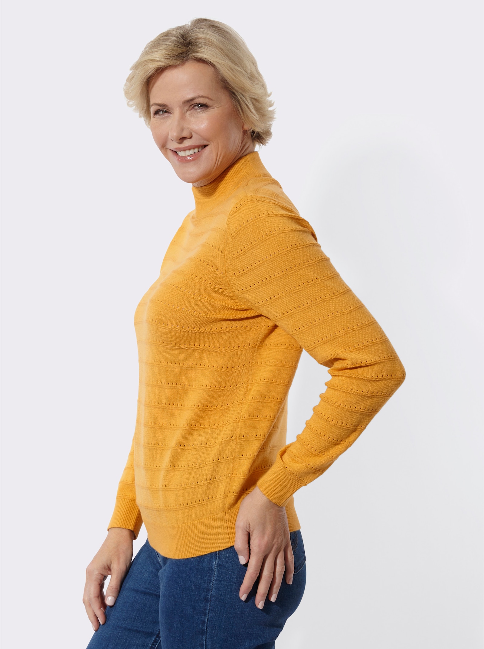 Stehkragenpullover mit Ajour-Muster - ocker
