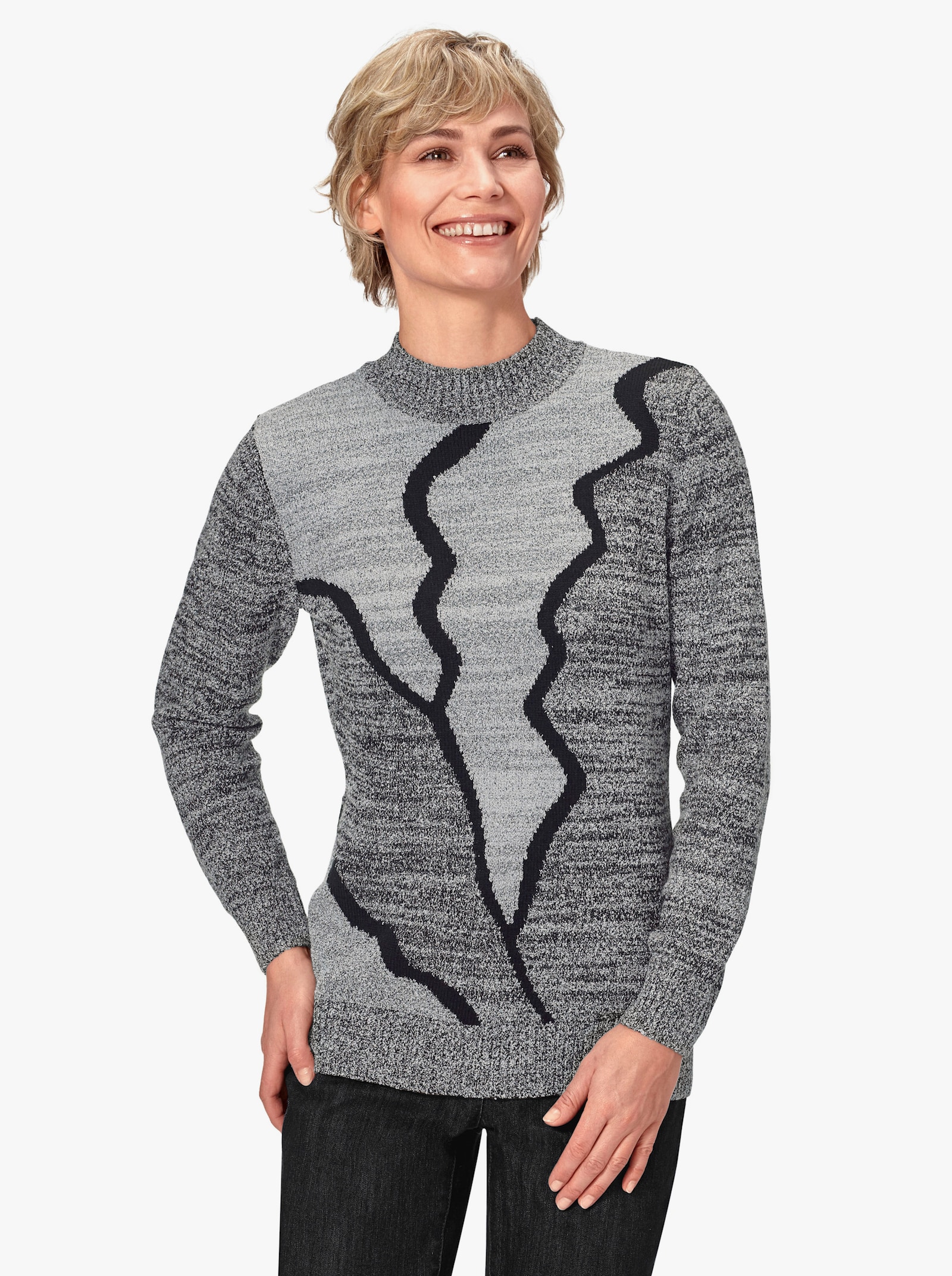 Stehkragenpullover mit Intarsien-Muster - schwarz-weiß