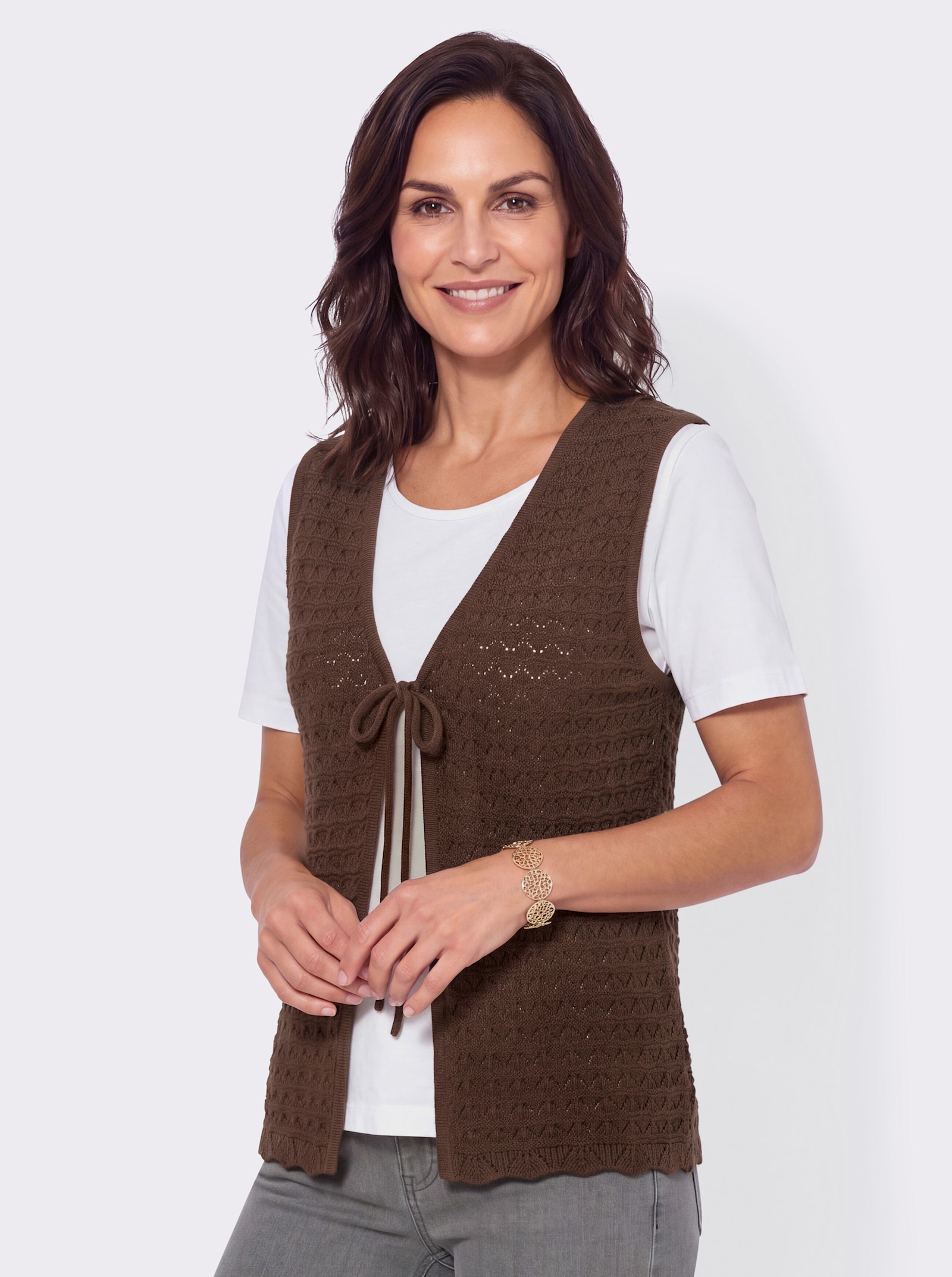 Strickweste mit Ajourmuster rundum - schoko