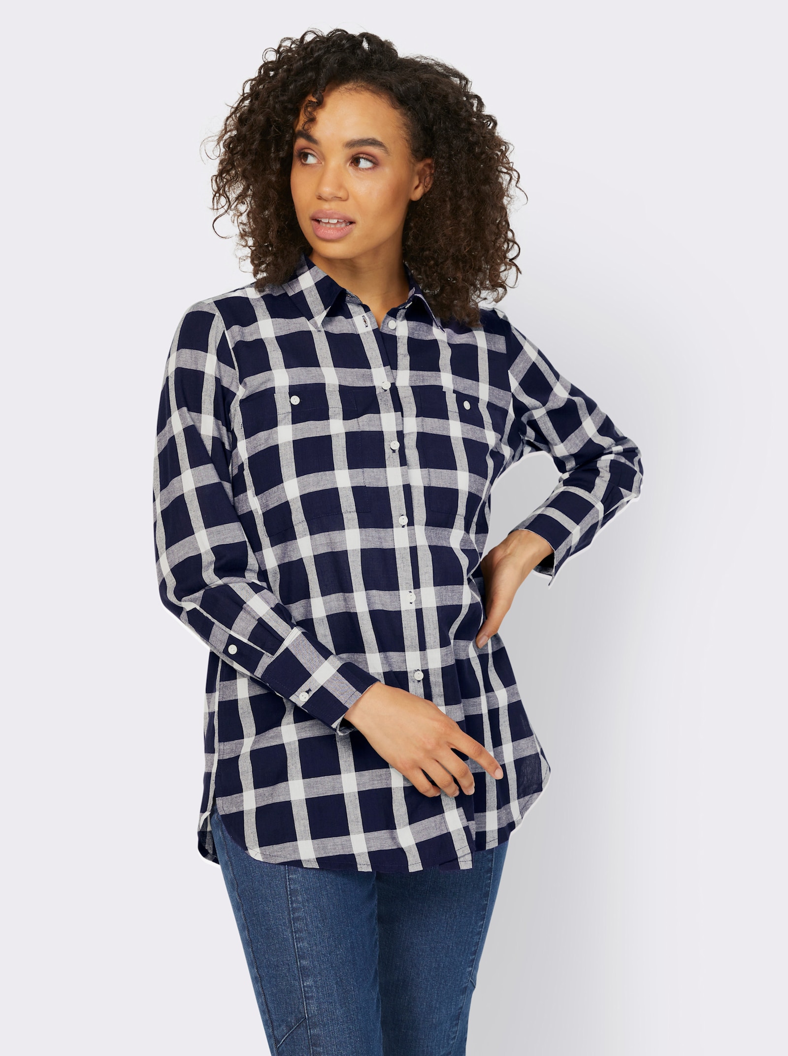 heine Hemdbluse mit abgerundetem Saum - marine-ecru-kariert