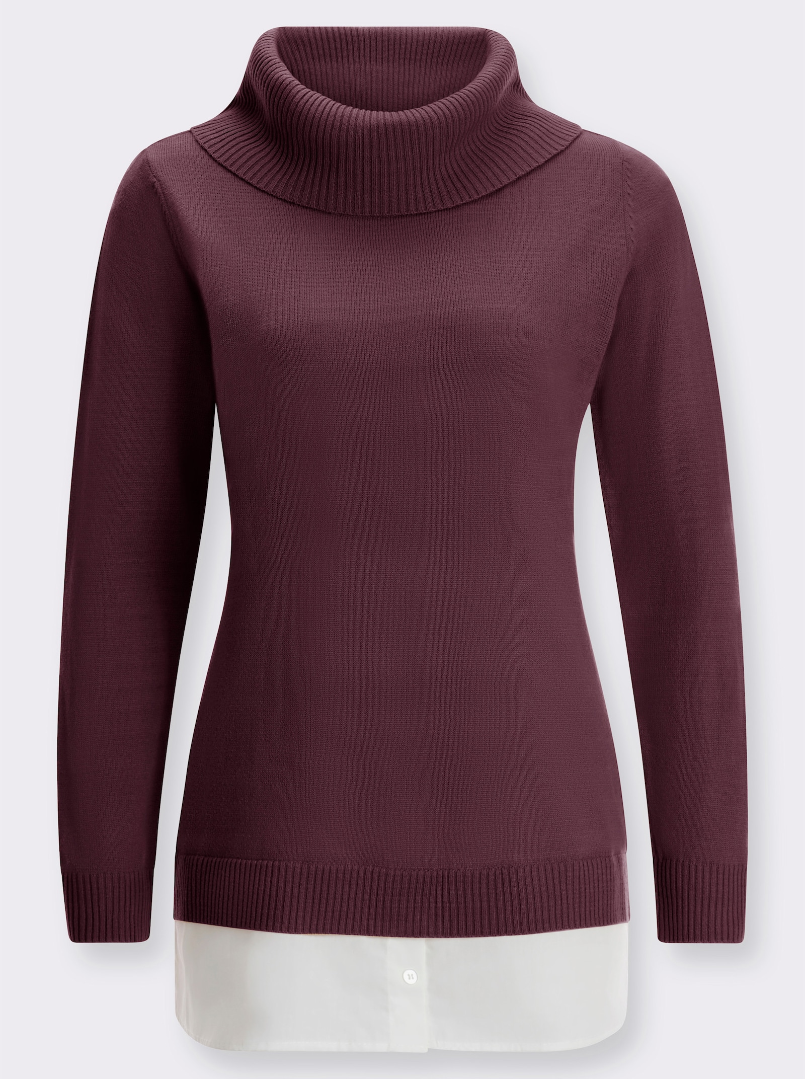 2-i-1-tröja med vid polokrage - vinröd-vit