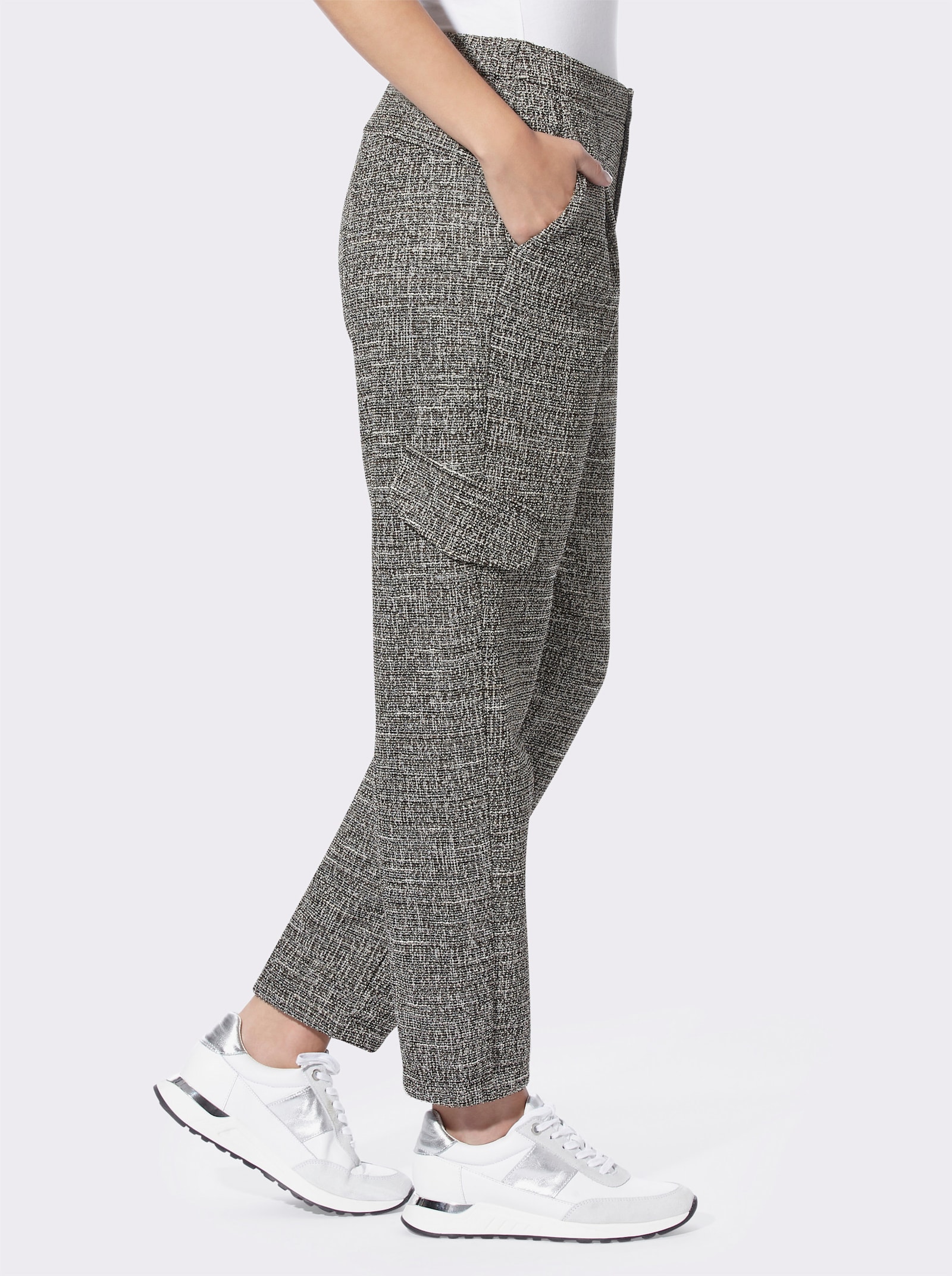 heine Bandplooibroek in cargomodel, bouclé - zwart/ecru gedessineerd